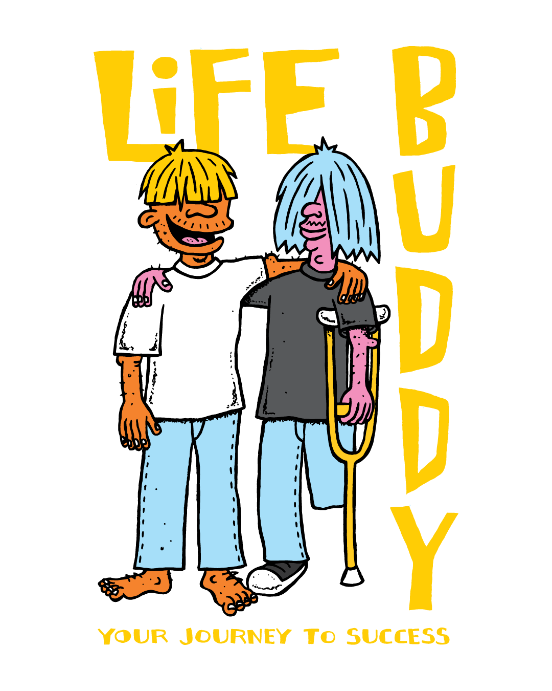 Illustration of two young men smiling with arms around each other, one with yellow hair and the other with blue hair and a crutch, with the words 'LIFE BUDDY' in large yellow letters above them and 'YOUR JOURNEY TO SUCCESS' below.