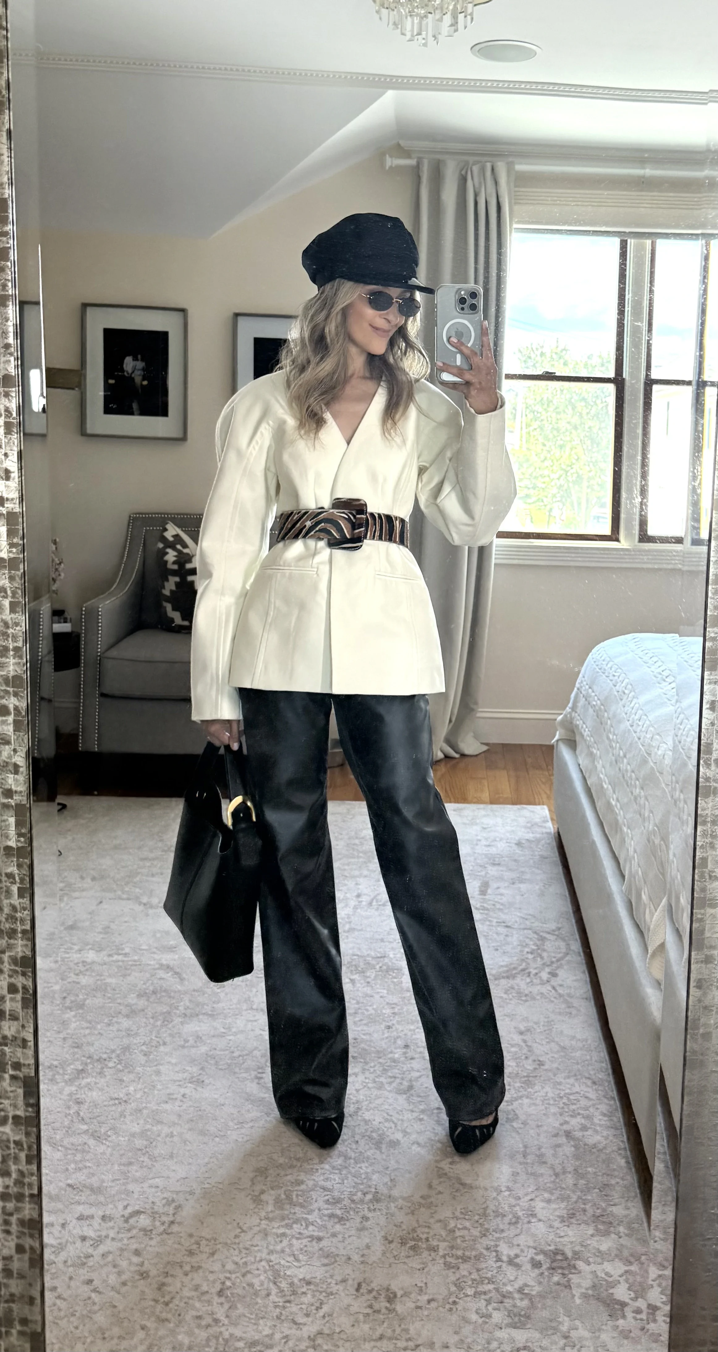 Relaxed belted jacket outfit.