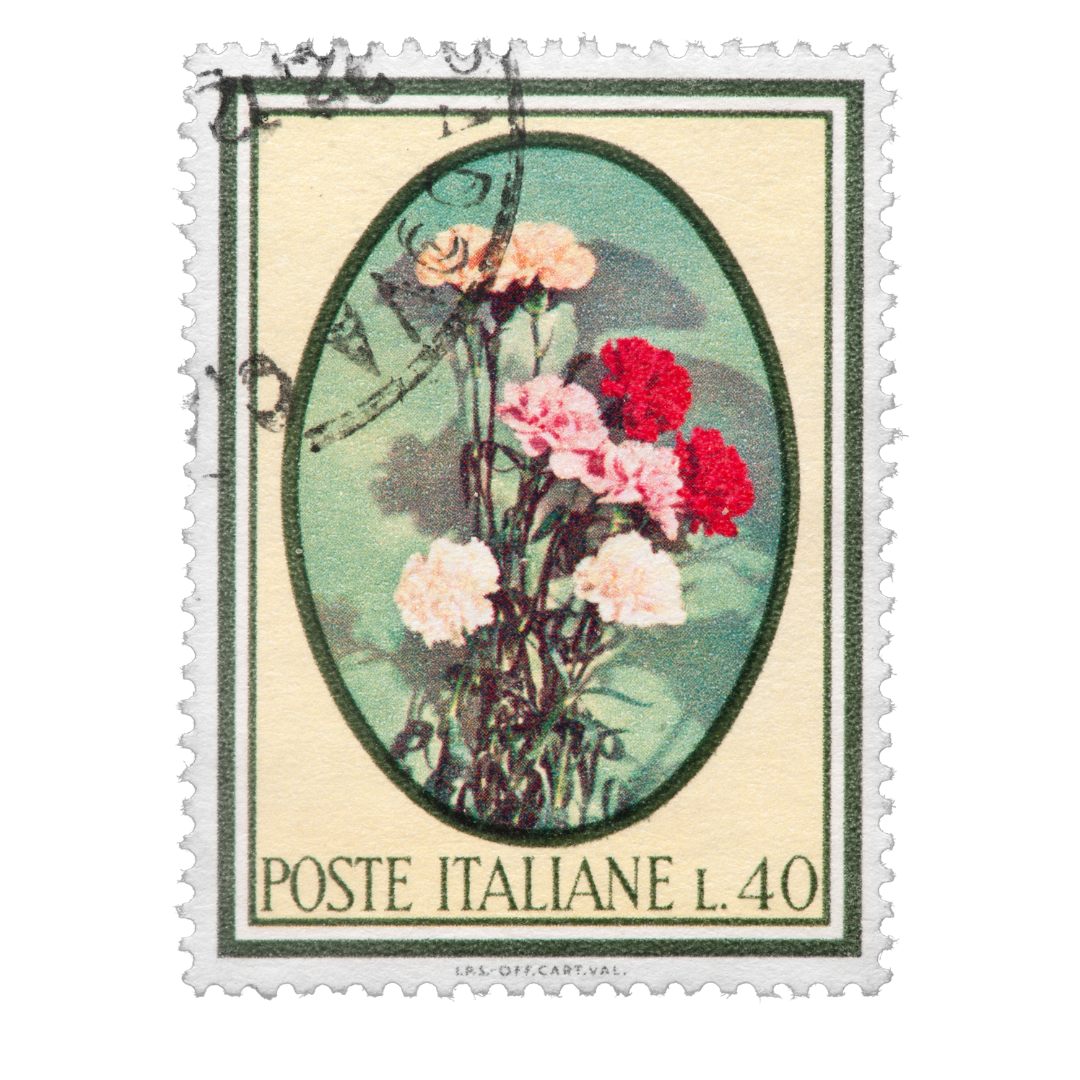 An Italian postage stamp with a central illustration of pink, red, and white carnations inside an oval frame. The stamp is marked with "POSTE ITALIANE L.40" at the bottom.