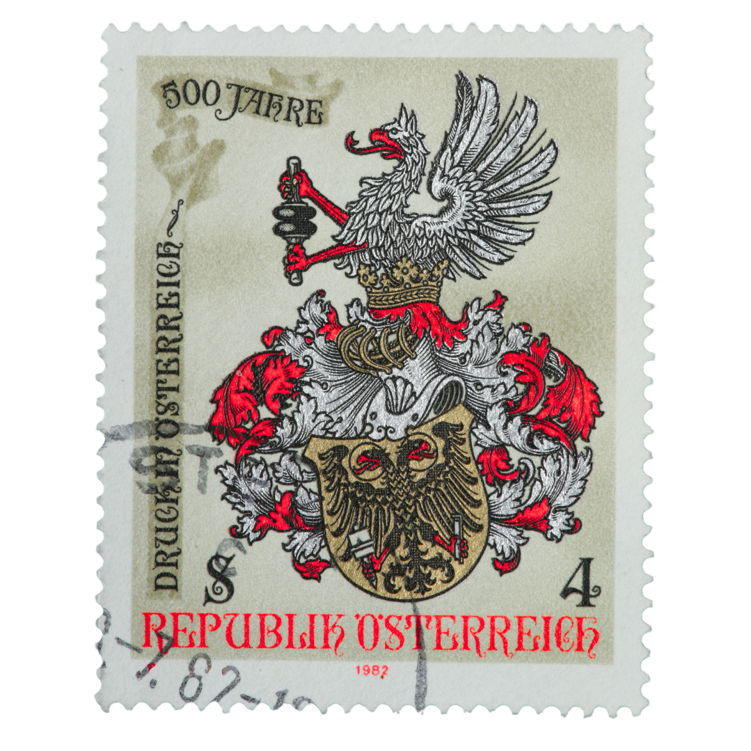 A postage stamp from Austria showing the Austrian coat of arms with a crowned eagle holding a sword, with the text 'Republik Österreich' and the denomination '4', issued in 1982.