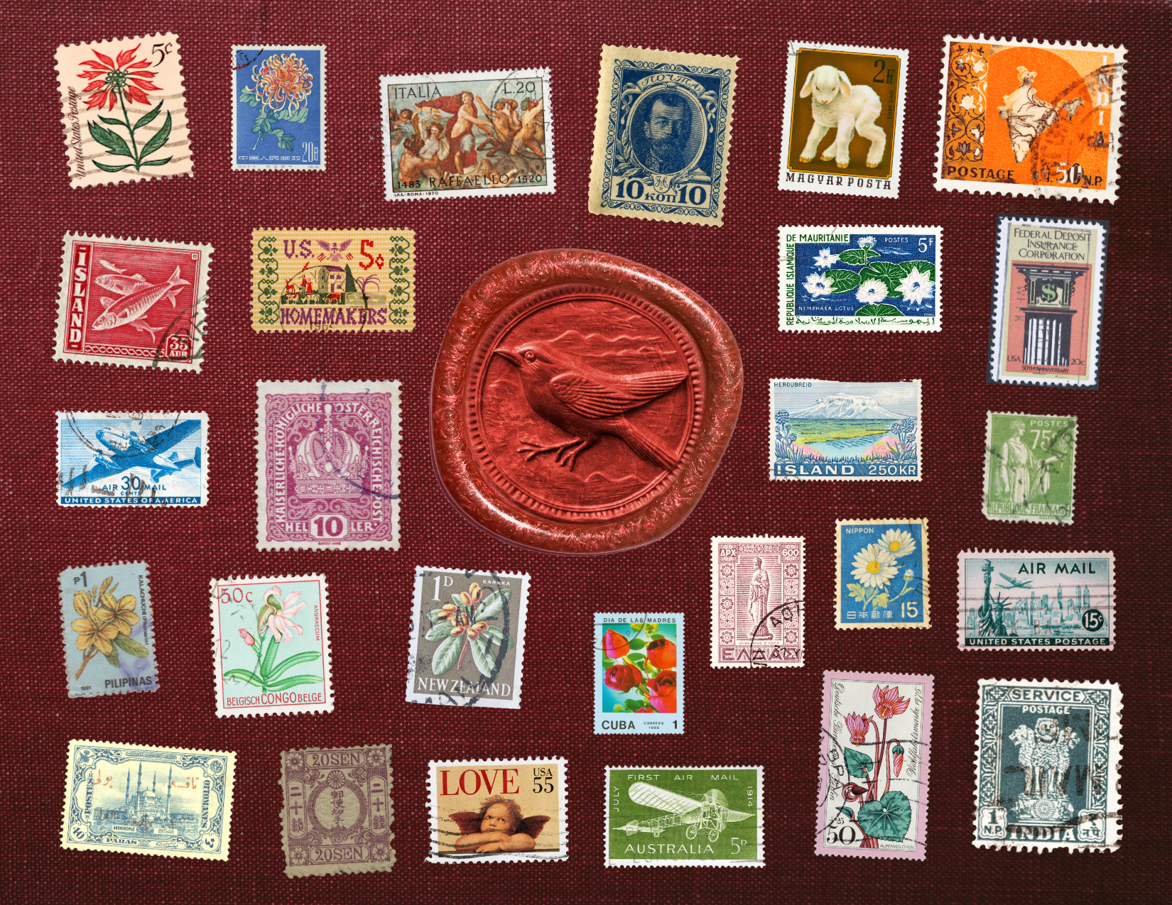 Collection of vintage international postage stamps arranged around a red wax seal with a bird design, on a red background.