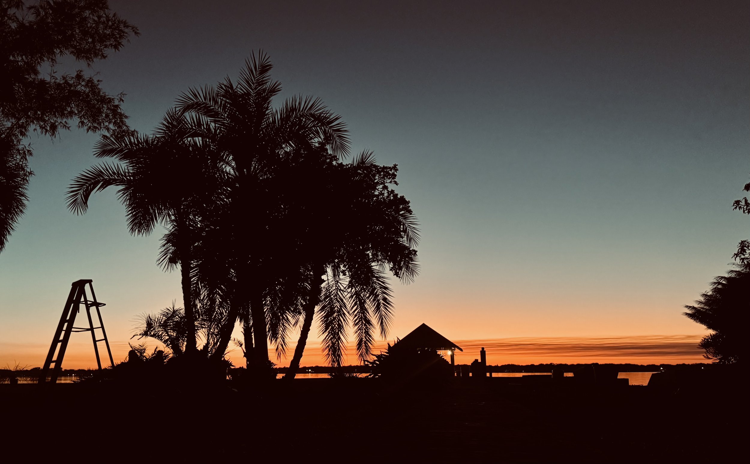 Silhouette of palm trees, a small hut, and a ladder against a colorful sunset sky over water.