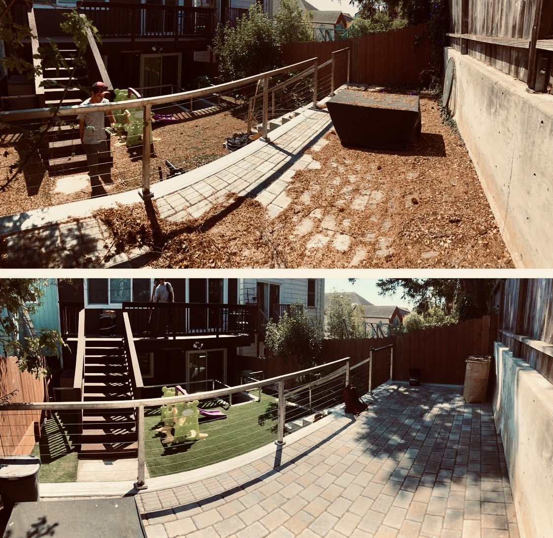 Comparison showing a backyard before and after landscaping with new paving and artificial grass installation.