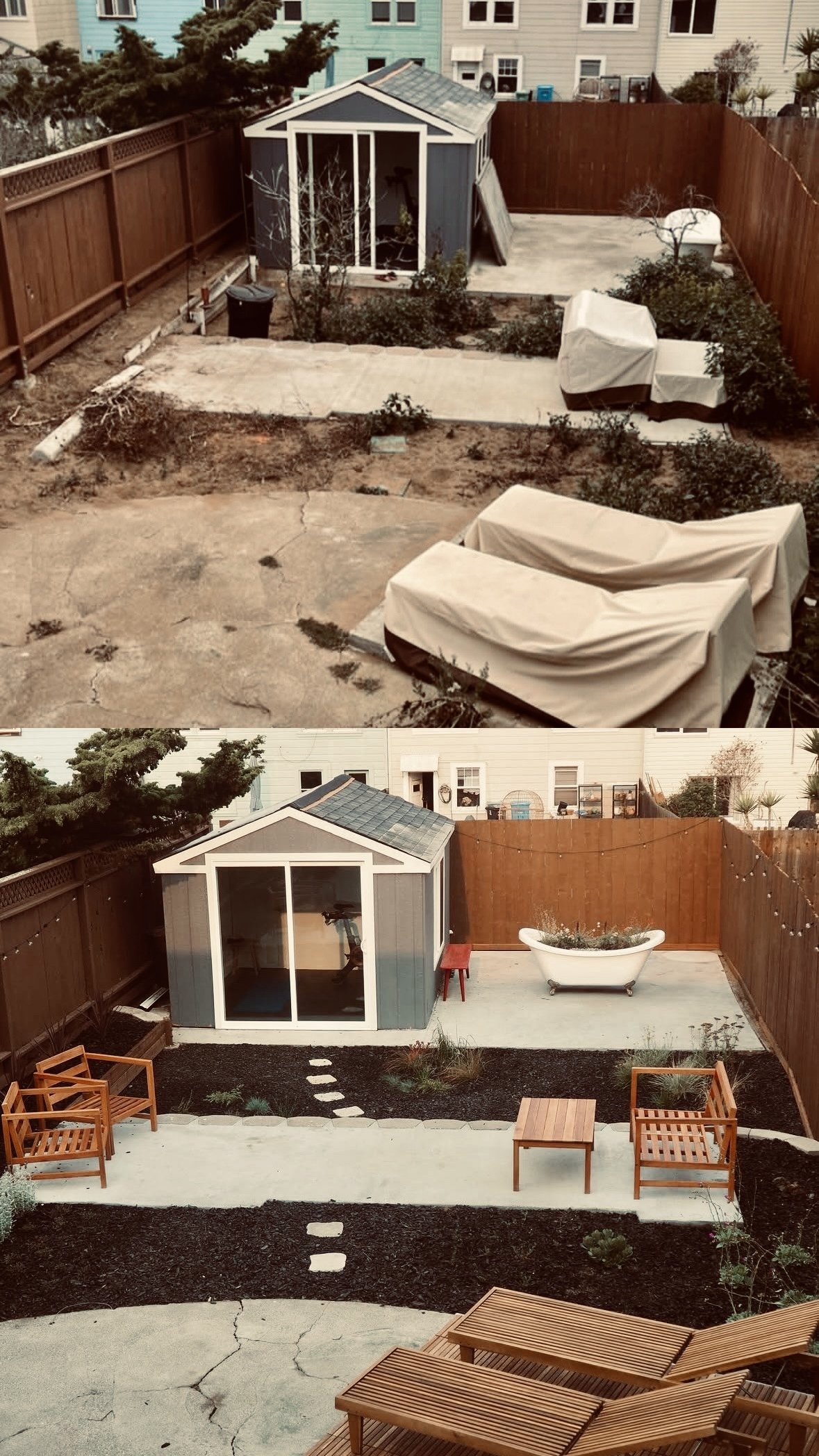 Before and after renovation of a backyard, showing a transition from an unfinished yard with covered furniture to a landscaped backyard with a storage shed, wooden benches, a bathtub planter, and a smooth concrete patio.