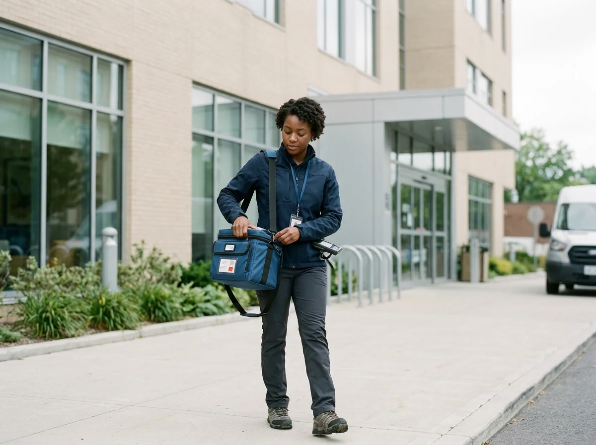 A woman in dark outdoor clothing, carrying a blue bag and a tablet, standing outside a modern building with large windows, a bike rack, and a white van parked nearby.