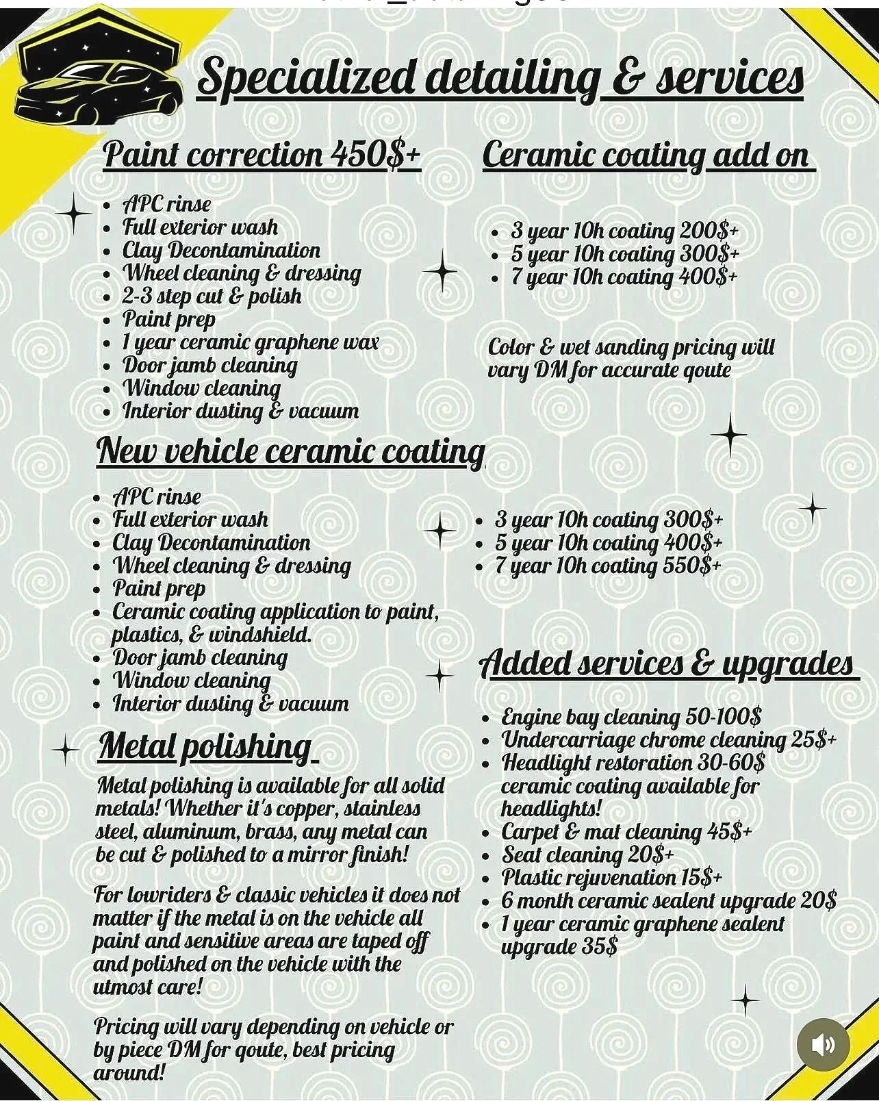 A service menu offer for specialized car detailing and ceramic coating, including prices and a list of services like paint correction, vehicle ceramic coating, metal polishing, plus extra upgrades.