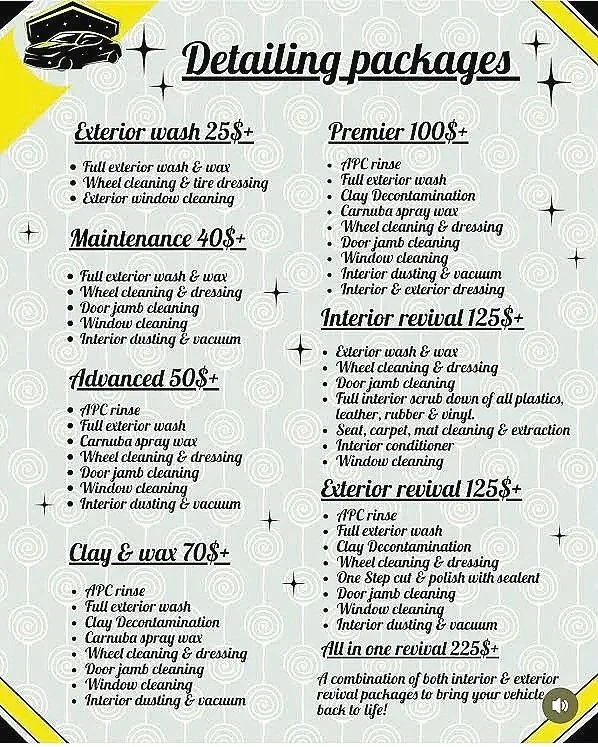 A detailed list of car detailing packages, including Exterior wash, Maintenance, Advanced, Clay & wax, Interior revival, Exterior revival, and an all-in-one revamp, with prices and services listed.