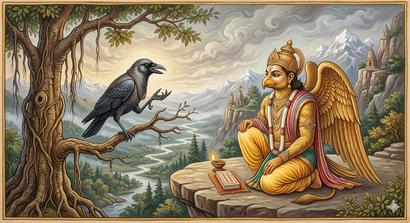 A colorful painting depicts a mythological scene with a large, golden, winged creature with a lion's body, eagle's head, and human-like face, sitting on a rocky ledge holding a book and a lamp. In front of the creature, a black crow wearing a bead necklace is perched on a twisted tree branch, engaging with the creature. The background shows a valley with waterfalls, forests, mountains, and temples, under a cloudy sky.