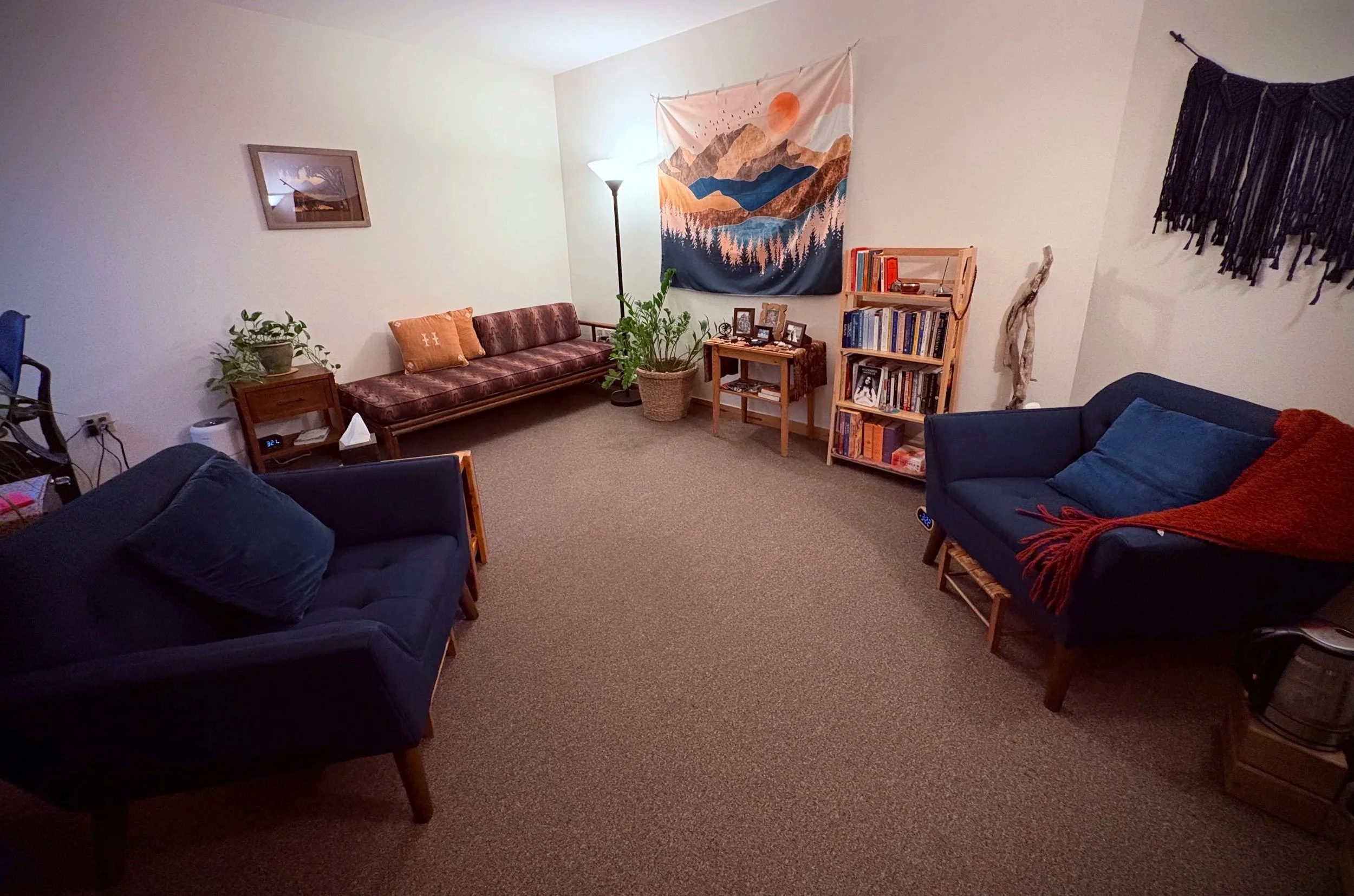 A cozy living room with two navy blue sofas, a patterned maroon futon, a wooden bookshelf filled with books, a small wooden side table with pictures, a standing lamp, a wall hanging of mountains and a sun, a large potted plant, and various decor items.