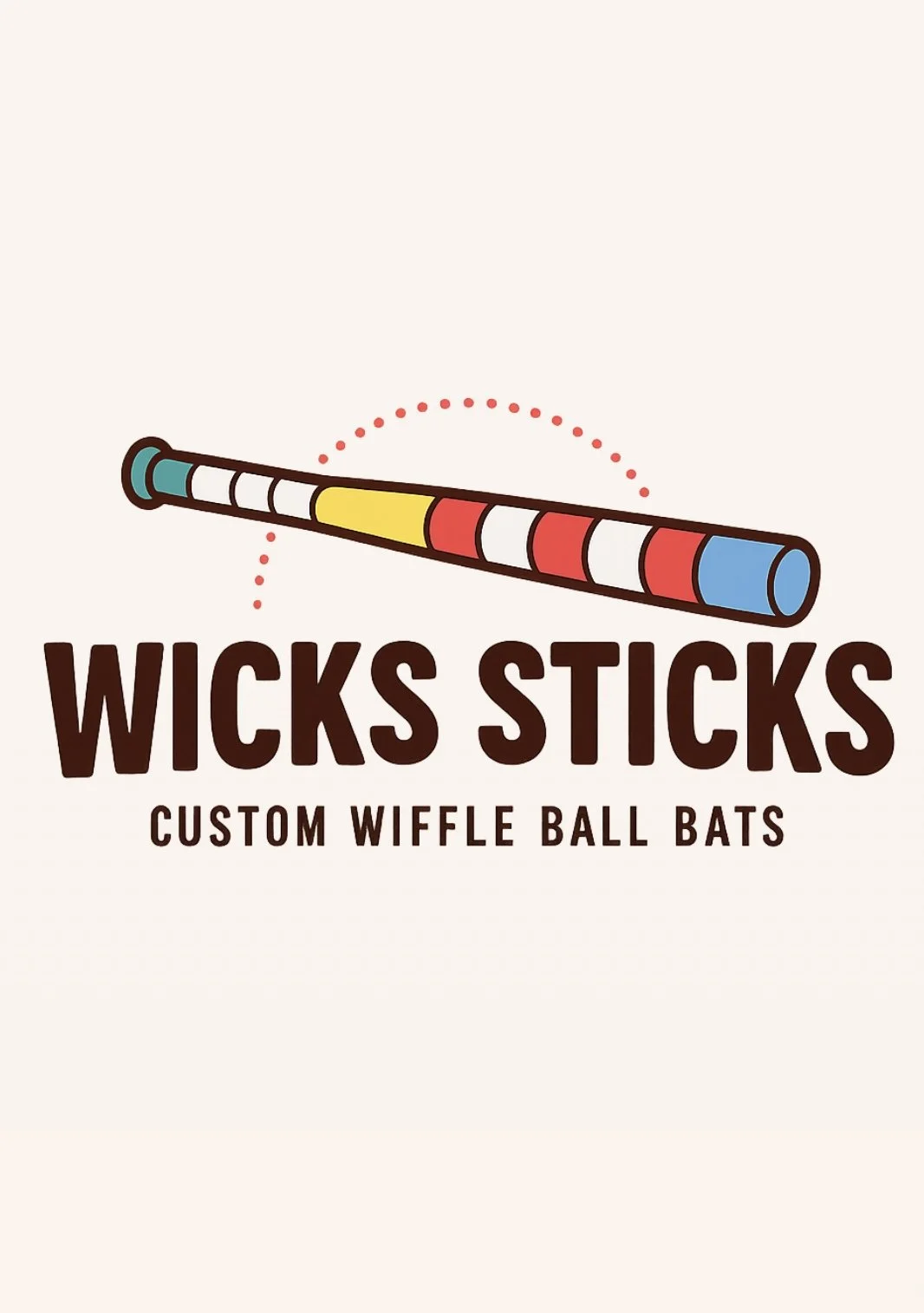 Illustration of a colorful Wicks Sticks custom wiffle ball bat with text.