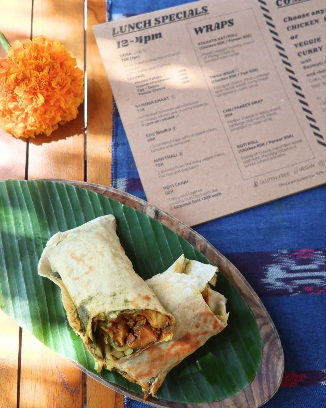 Our Roti Roll is just 1 of the epic wraps we have on our Lunch Specials menu. Come by any day between 12-4pm to try out something new! 🌯🌯🌯

#balieats #indianfoodbali #balifood #VeganIndianFood #balidining #balifoodies #UluwatuFood