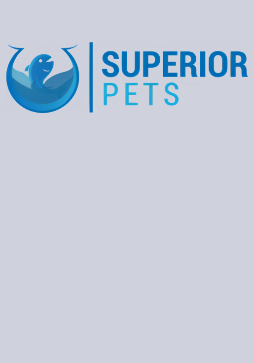 Logo for Superior Pets featuring a blue happy fish in a bubble next to the text, with 'Superior' in bold blue letters and 'Pets' in lighter blue.