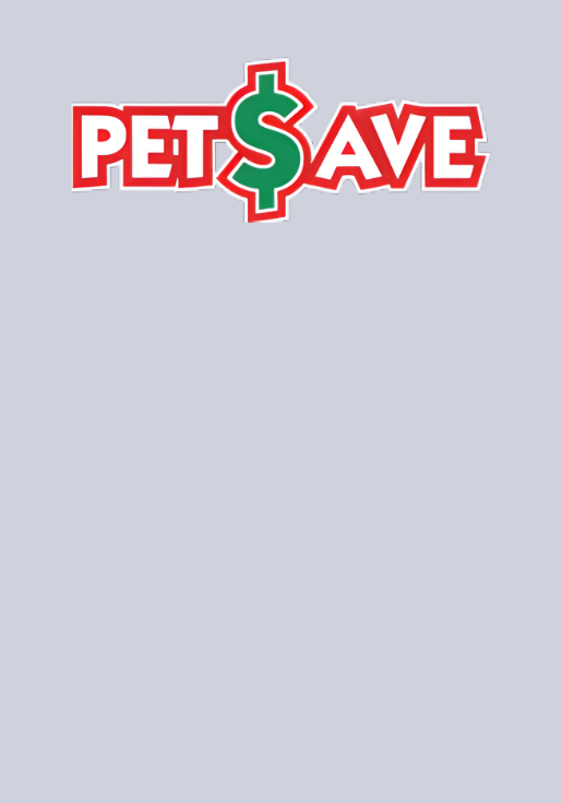 Logo for Pet Save with red and green text, dollar sign in the middle, on a light gray background.