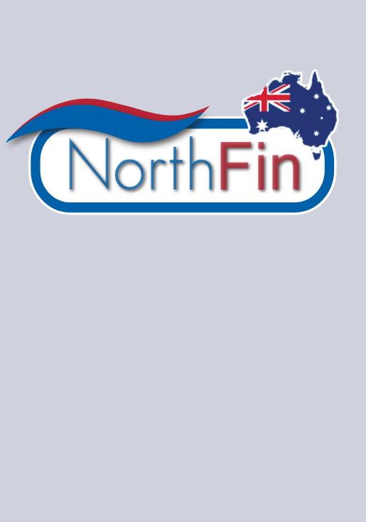 Logo with the text 'NorthFin' next to an outline of Australia featuring the Union Jack flag, with a stylized wave in red, white, and blue above the text.