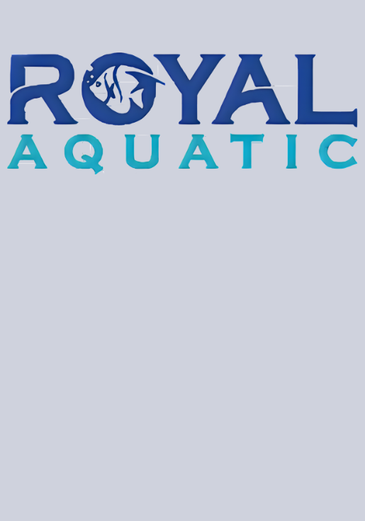 Logo with the text 'Royal Aquatic' in blue and teal letters, with a fish illustration incorporated into the letter 'O' in 'Royal'.