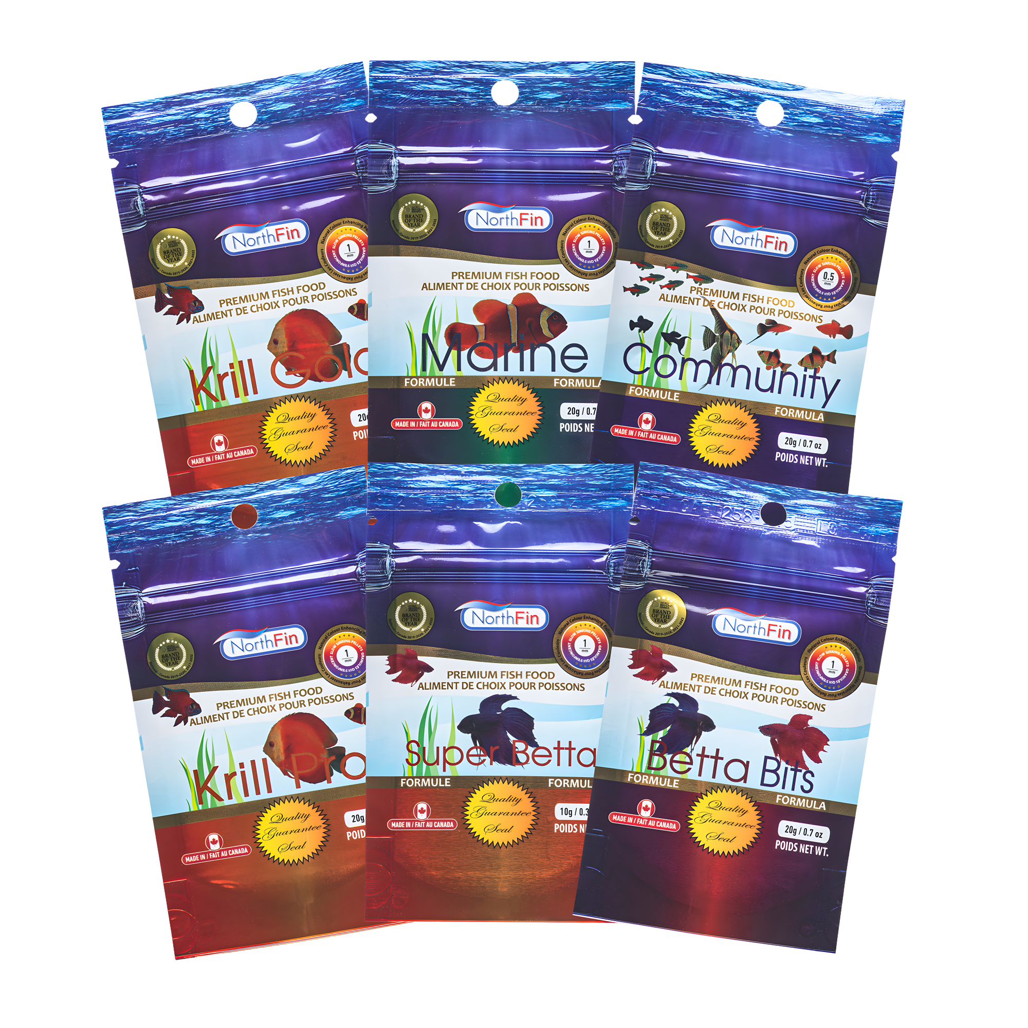 Six packages of NorthFin fish food with colorful packaging, displaying fish illustrations and various product names such as Krill Gold, Marine, Community, Krill Pro, Super Betta, and Betta Bits, arranged in two rows of three.