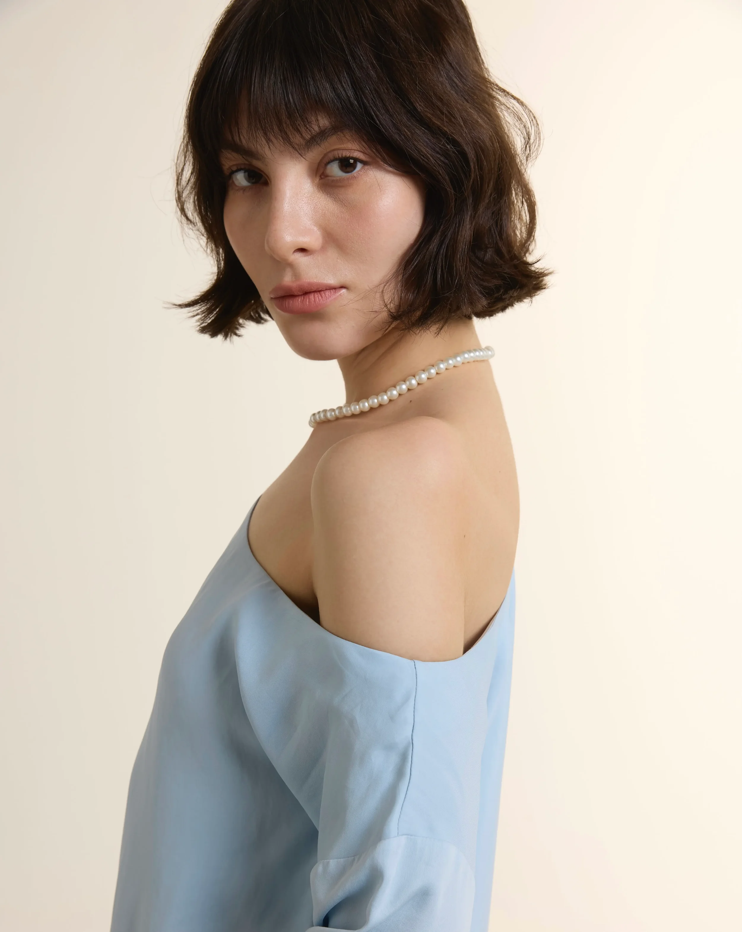 Asymmetrical Drape Neck Long Sleeve Top in Tencel & Viscose detail