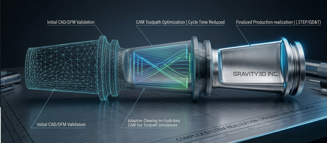 Diagram of a manufacturing tool with labels indicating CAD validation, CAM toolpath optimization, reduced cycle time, and final production realization. The tool is shown with a digital wireframe on the left side and a metallic physical end on the right, labeled 'Gravity3D Inc.'