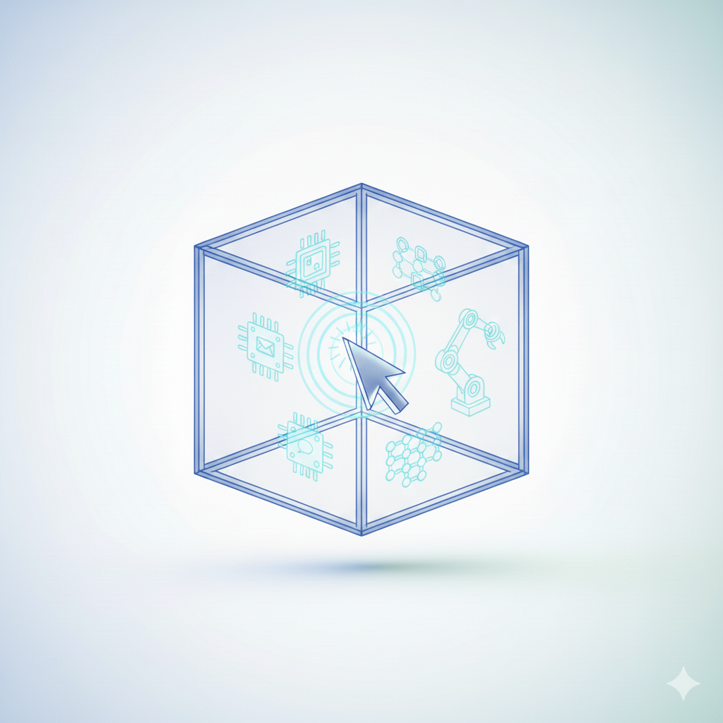 Digital illustration of a 3D cube with icons of circuit chips, a robotic arm, and network nodes inside, with a cursor pointer pressing on the center.
