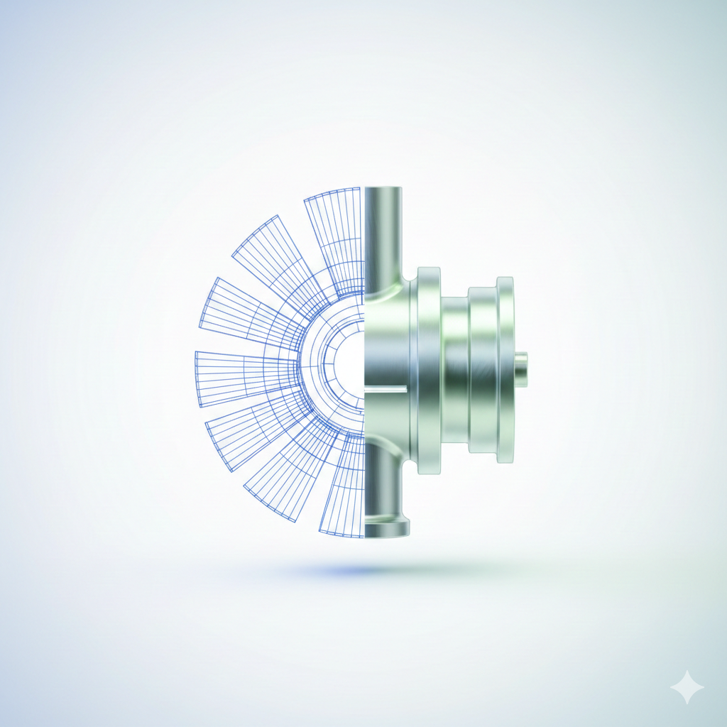 A digital illustration of a mechanical device with a metallic body on the right and a wireframe blueprint on the left, set against a light background.