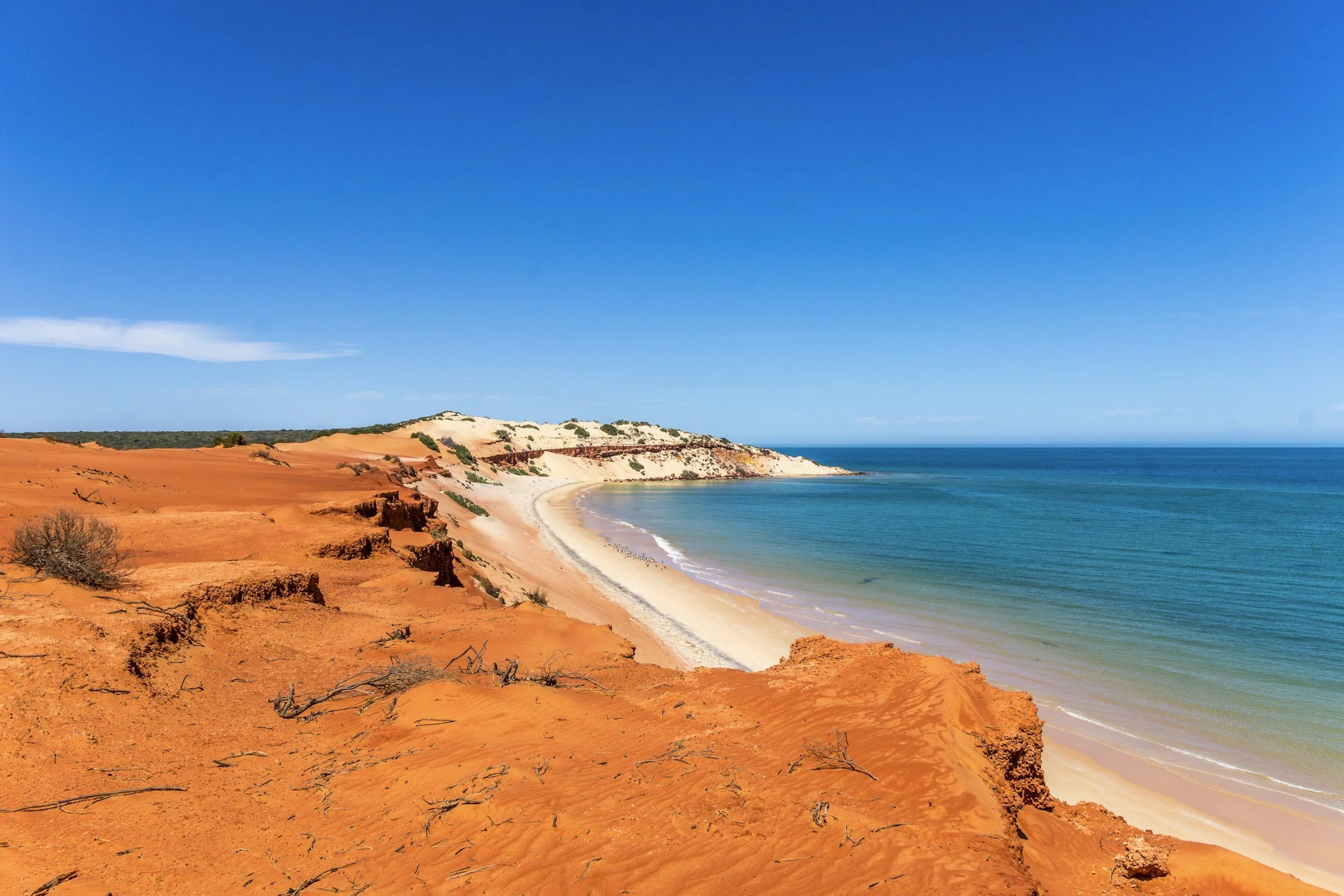 Red sand dunes leading to a blue body of water with white sandy beaches and a flat-topped white cliff in the background under a clear blue sky.
