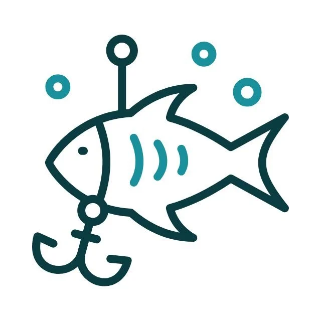 A drawing of a fish with an anchor hook in its mouth, surrounded by bubbles.