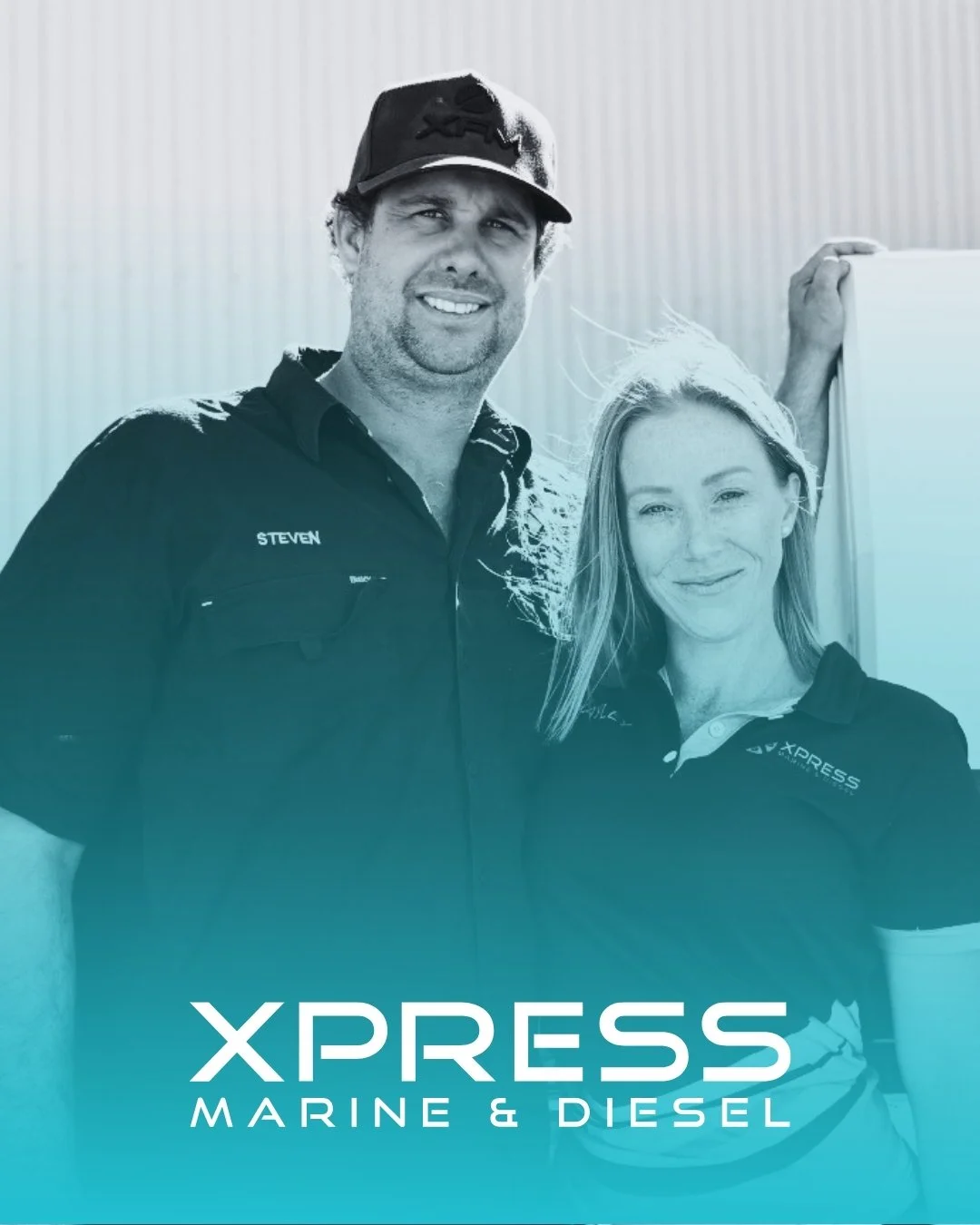 A man and a woman standing outdoors, smiling, both wearing black shirts with the XPRESS Marine & Diesel logo, with a light blue gradient overlay at the bottom containing the company logo and name.