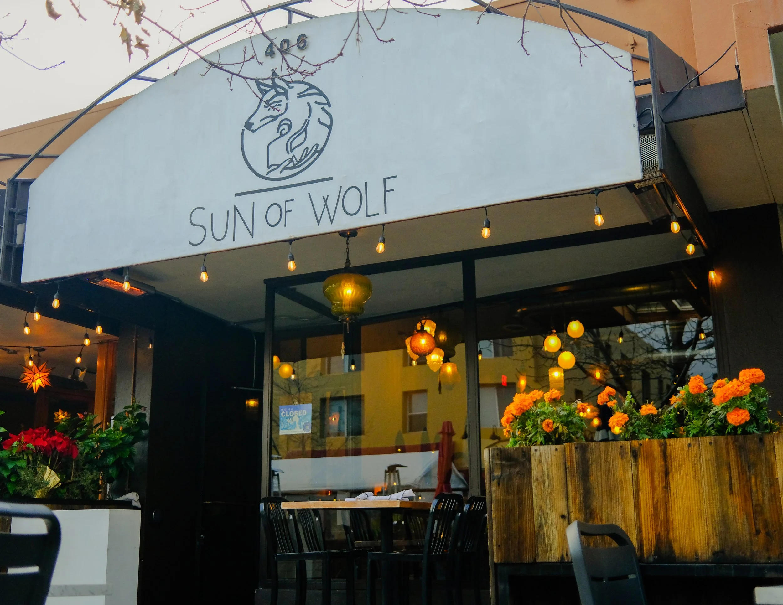 Outdoor view of a restaurant named 'Sun of Wolf' with hanging string lights, large flower pots with orange and red flowers, and cozy indoor lighting visible through the glass windows.
