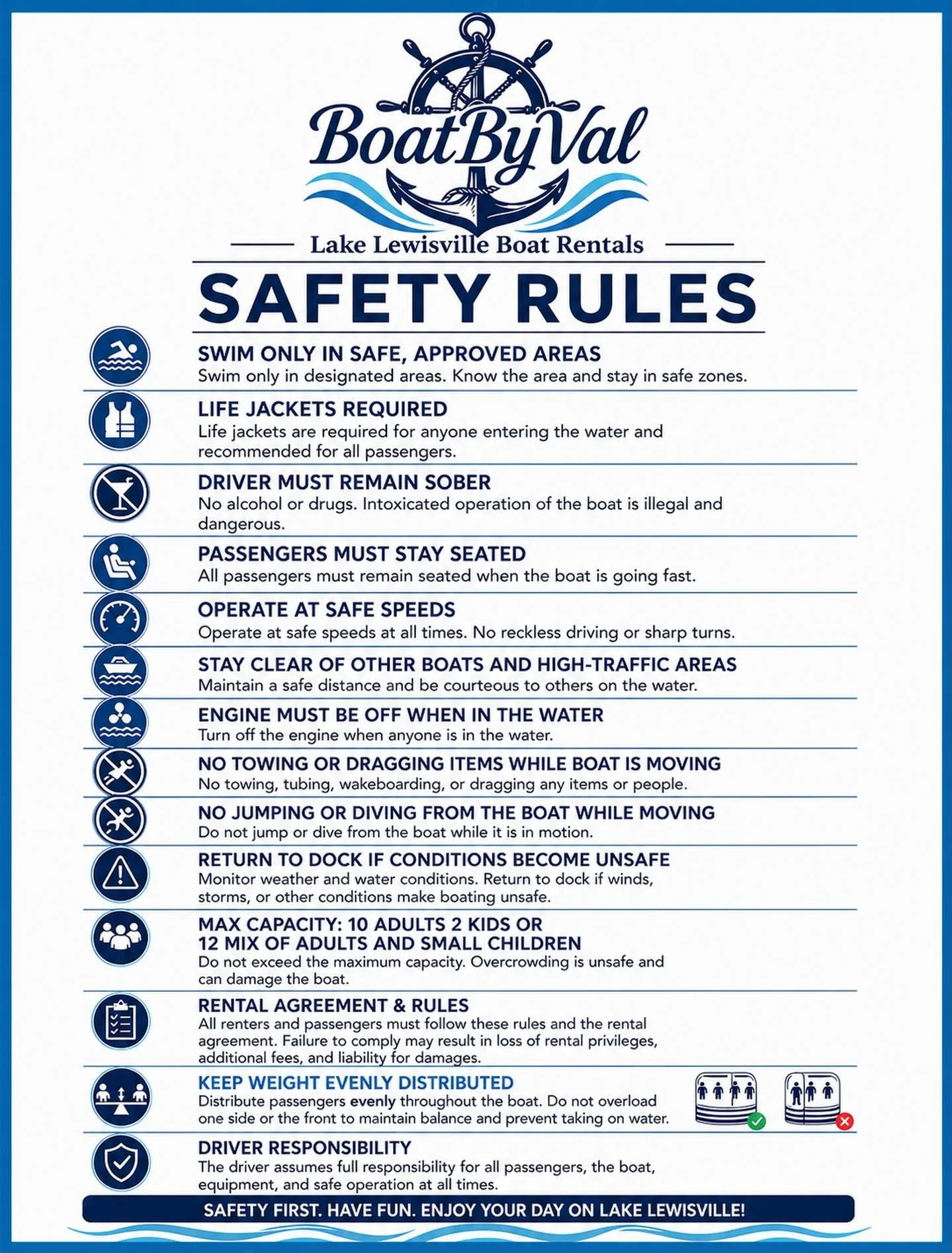 Safety first, fun always 🚤💙
Quick rules to keep your lake day smooth, safe, and stress-free.

Save this before your trip ✔️
DM to book your date 📲 tap bio
📍 Lake Lewisville

#BoatByVal #LakeLewisville #DFWBoats #DallasBoating #FriscoTX