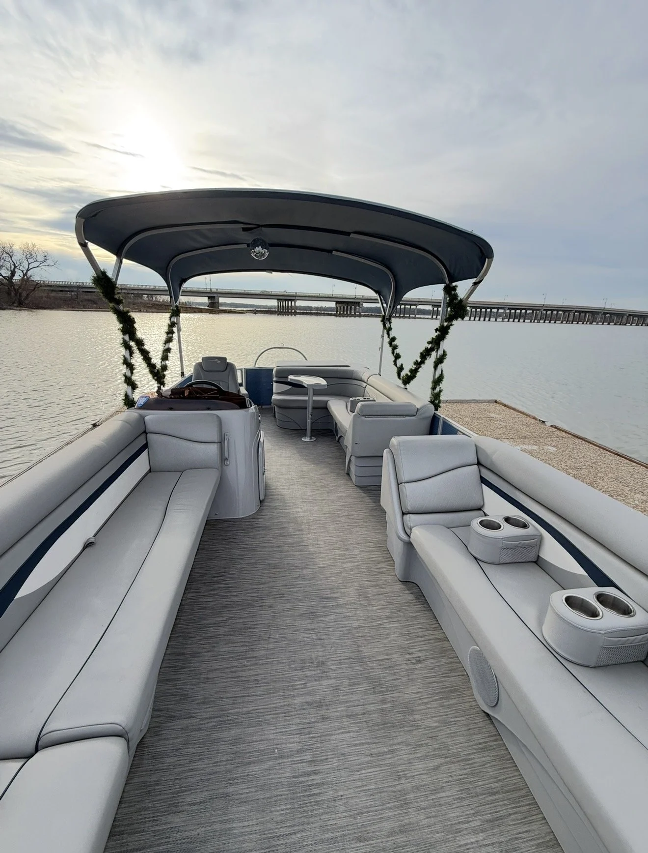 Open interior layout inside BoatByVal pontoon on Lake Lewisville