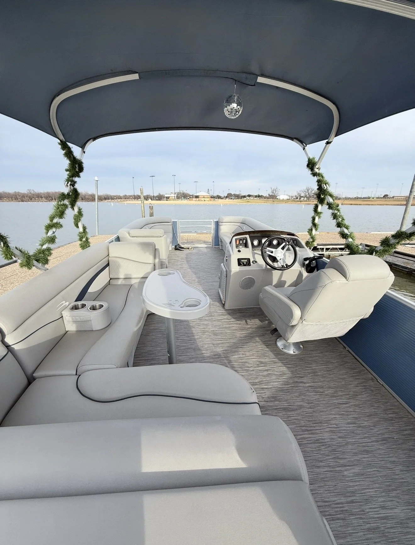 Spacious BoatByVal pontoon boat set up for a relaxed lake day on Lake Lewisville