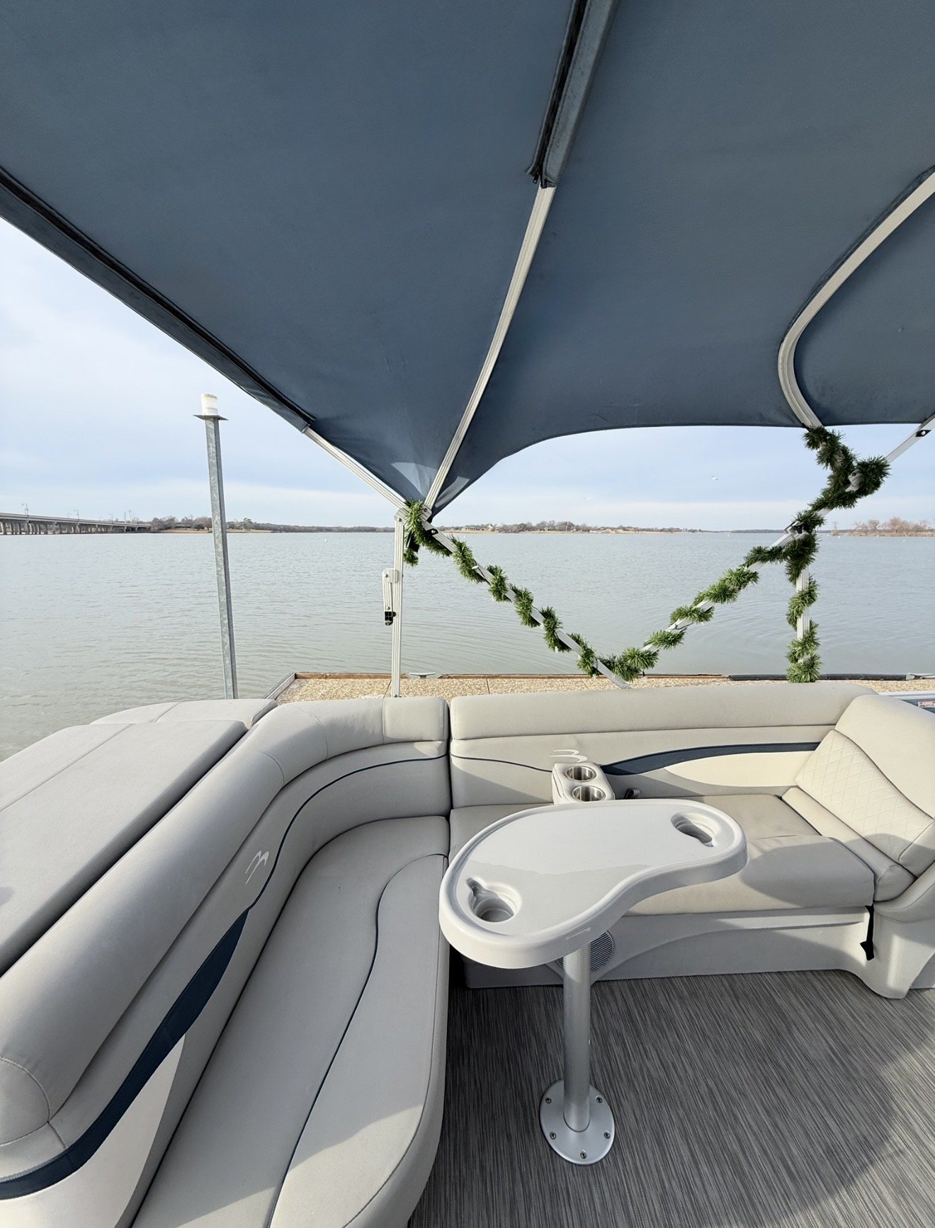 Spacious seating arrangement on BoatByVal pontoon boat at Lake Lewisville