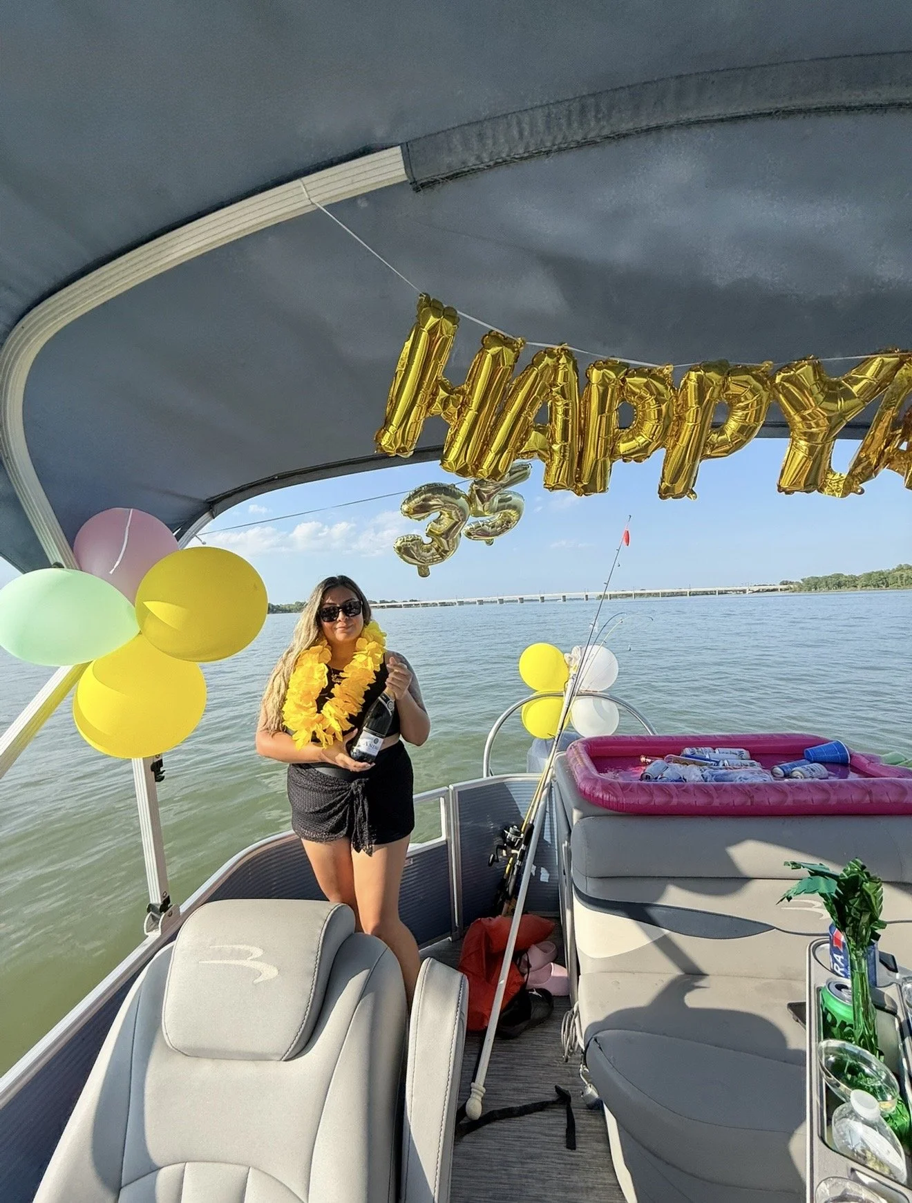 Birthday decorations and balloons on a pontoon boat on Lake Lewisville with BoatByVal
