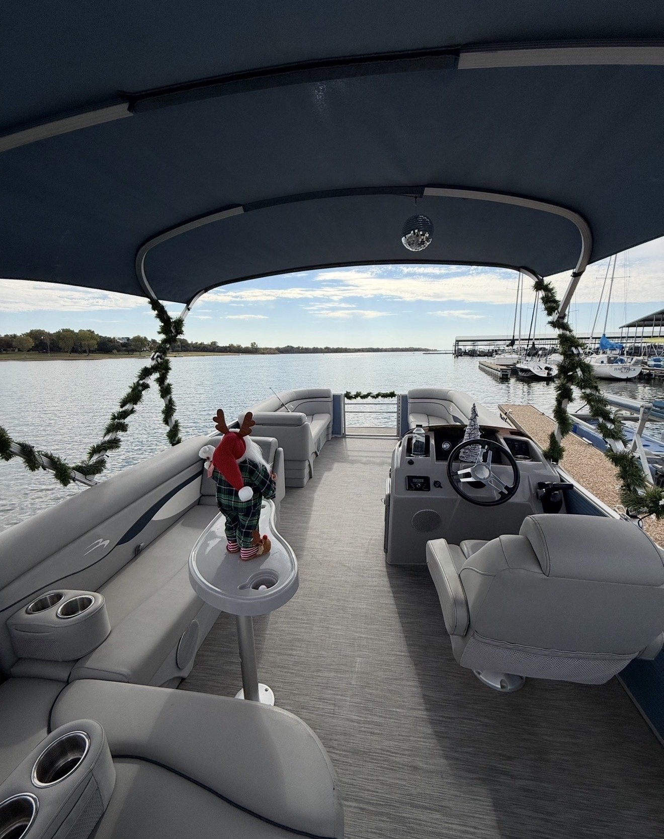 Full view of BoatByVal pontoon boat on Lake Lewisville