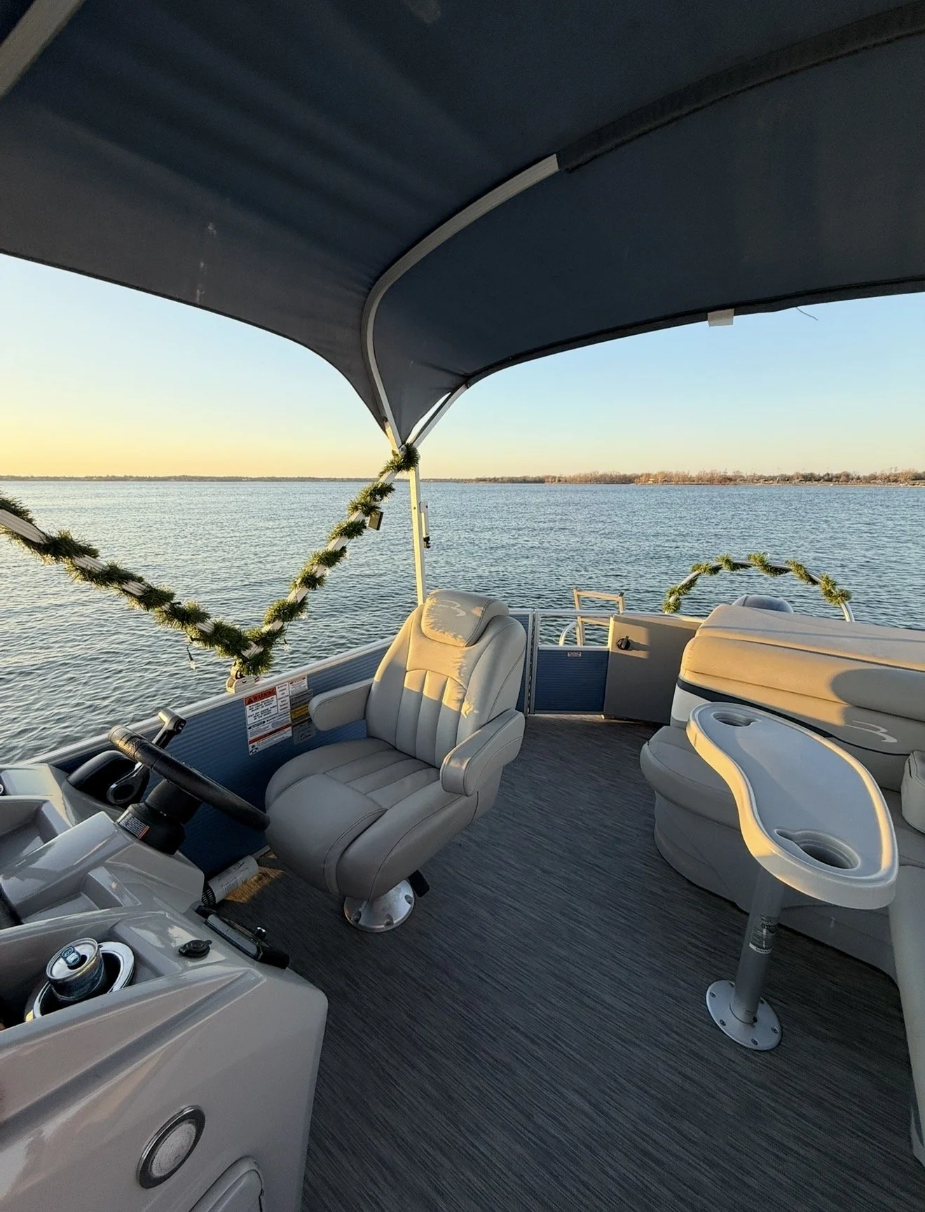 Interior seating of BoatByVal pontoon boat on Lake Lewisville