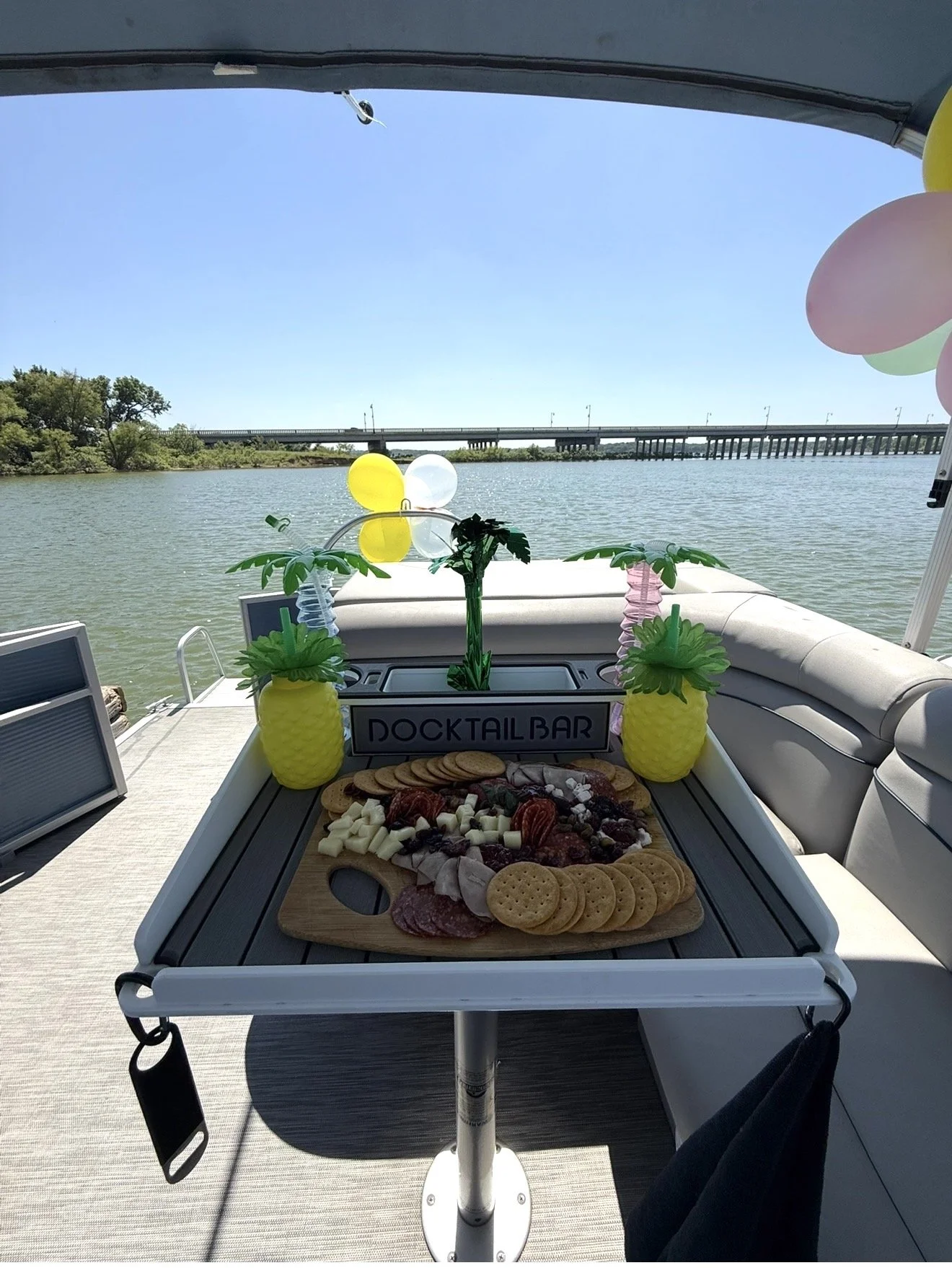 Cocktail-style party table setup for drinks and snacks on a Lake Lewisville birthday boat rental