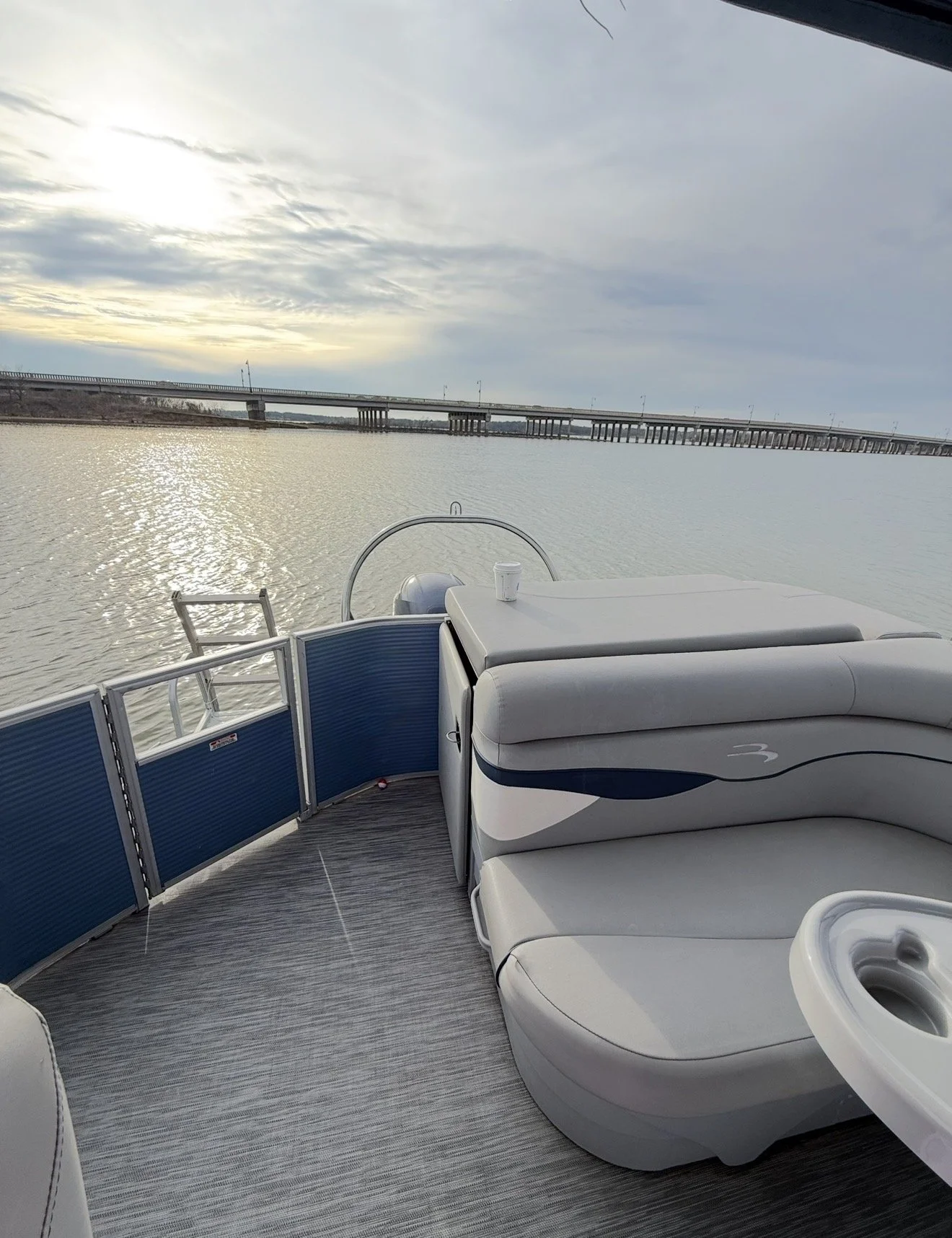 Storage and seating inside BoatByVal pontoon boat at Lake Lewisville