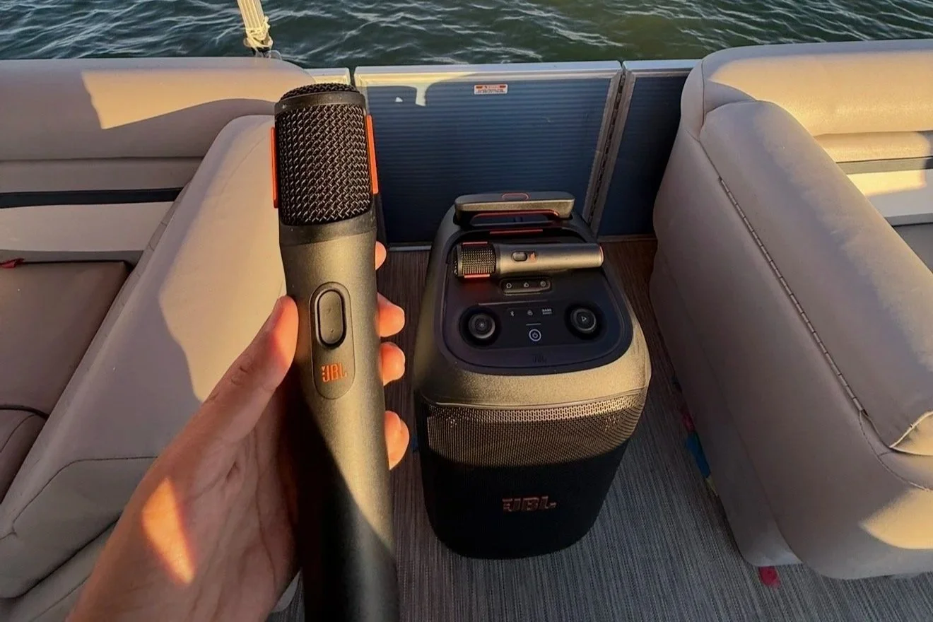 JBL karaoke speaker with microphones for a bachelorette party boat rental on Lake Lewisville.