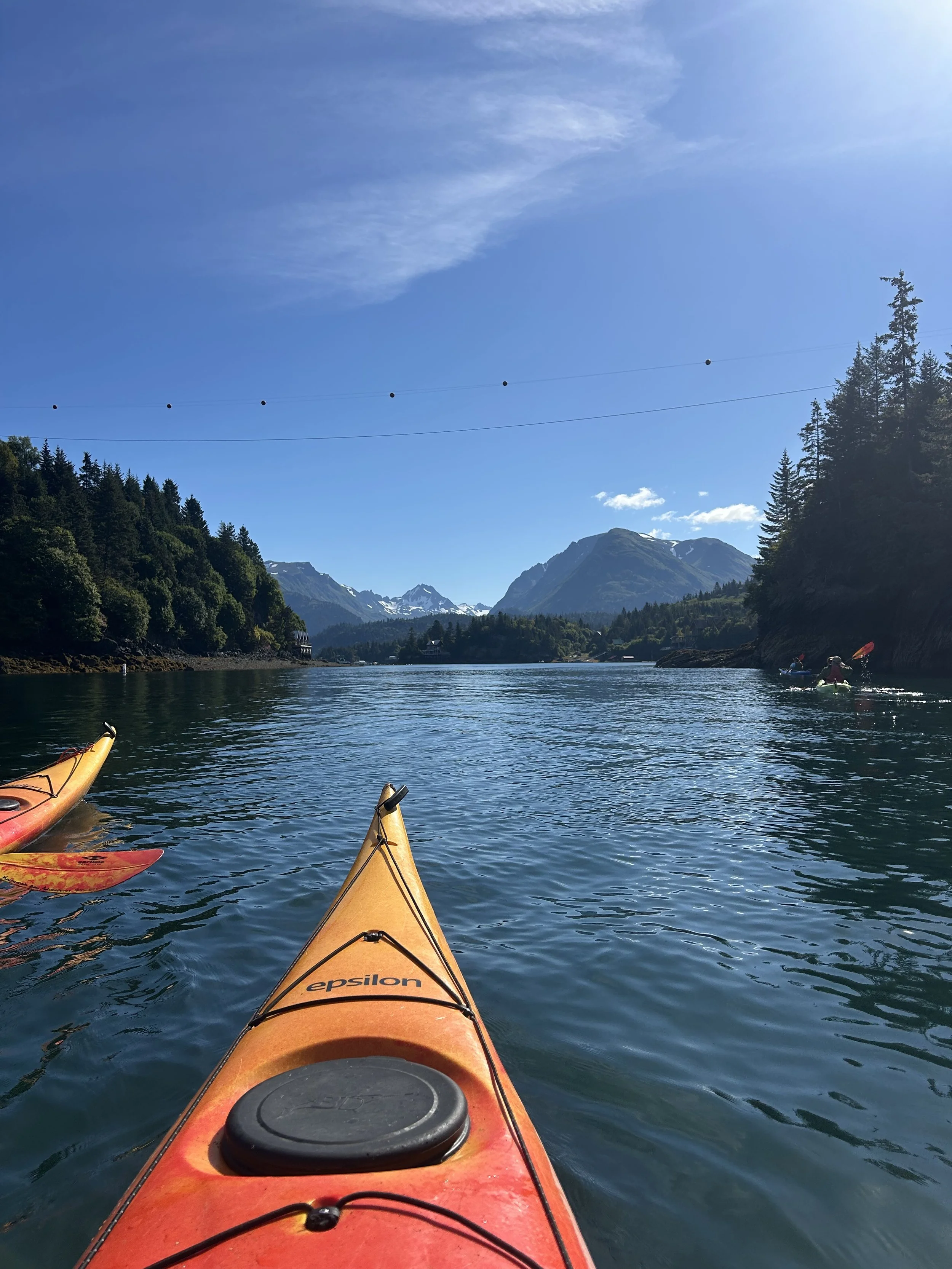 View from a kayak on a calm river surrounded by mountains and forest, with people kayaking in the distance under a clear blue sky. Pacific Northwest Scenery