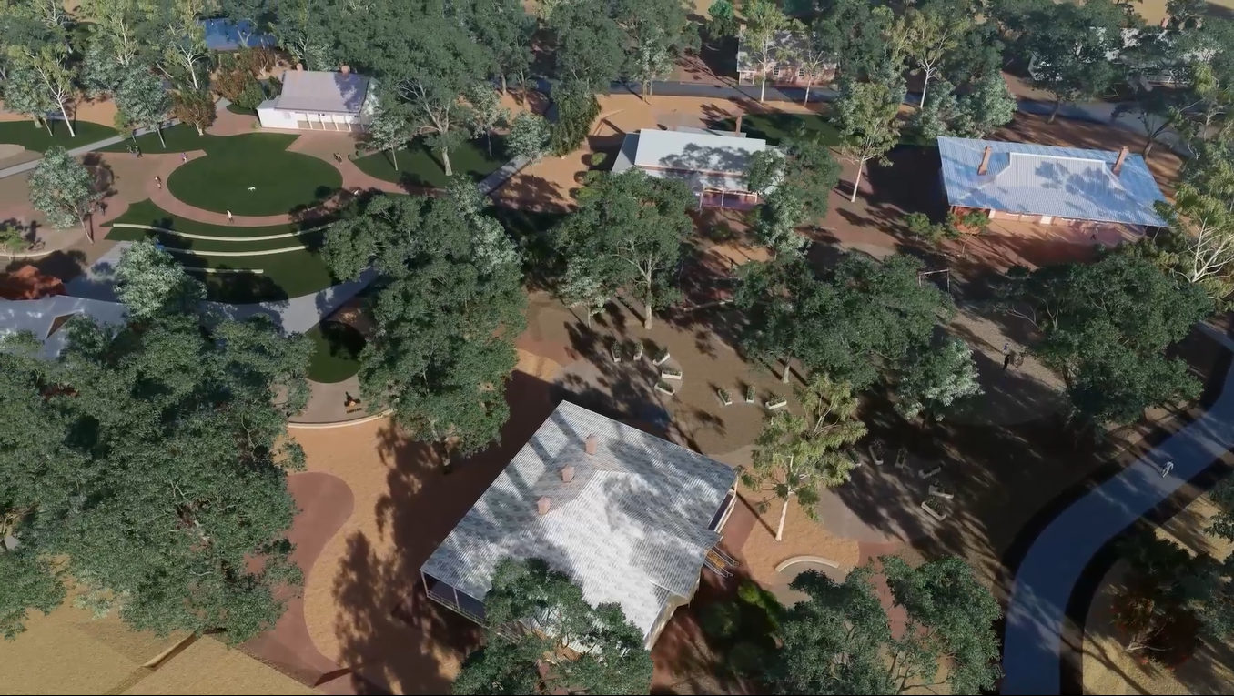 Aerial view mockup of a school with trees, pathways, small buildings, and a few people walking.