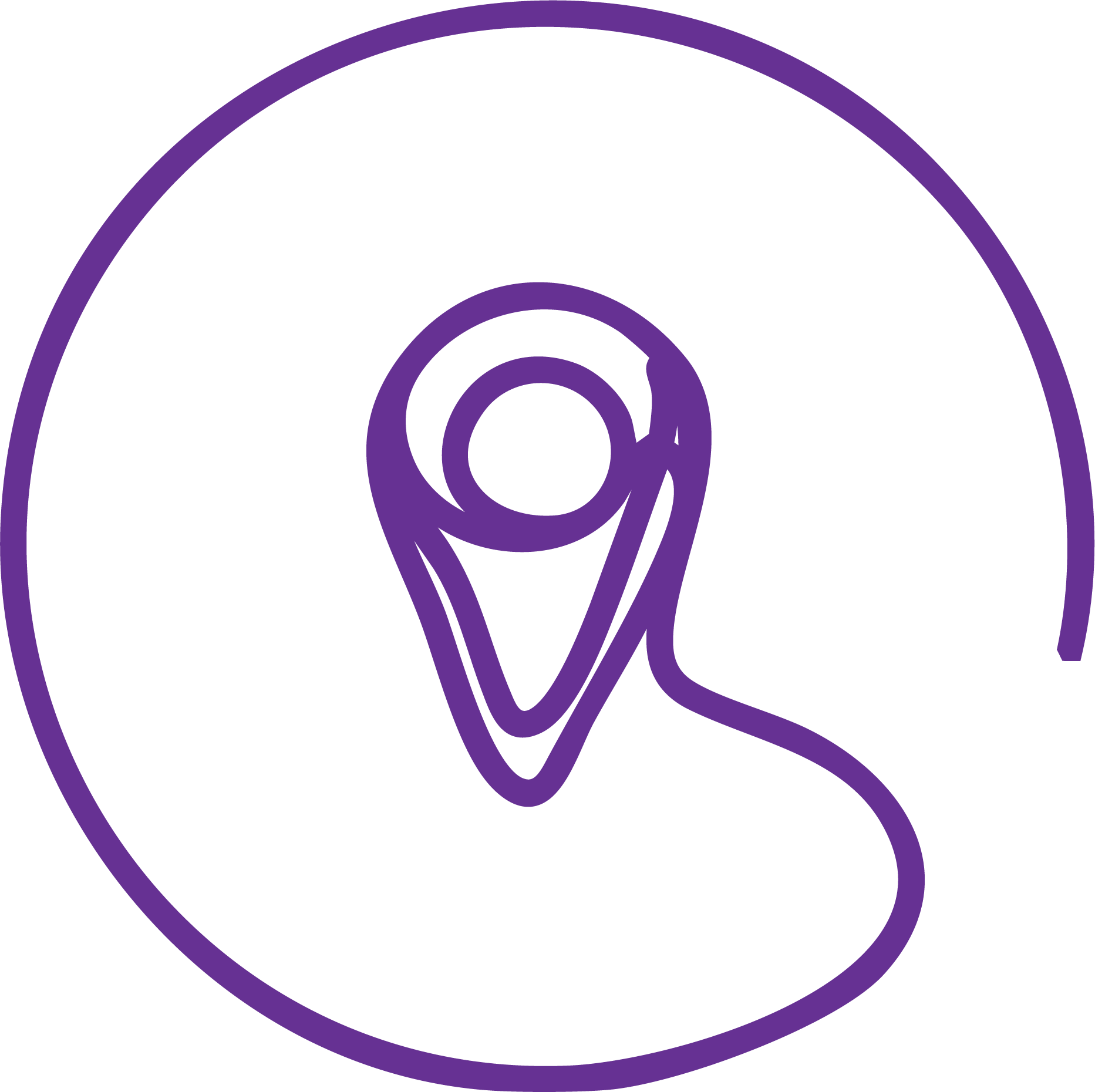 Outline of a flamingo in purple inside a purple circle.