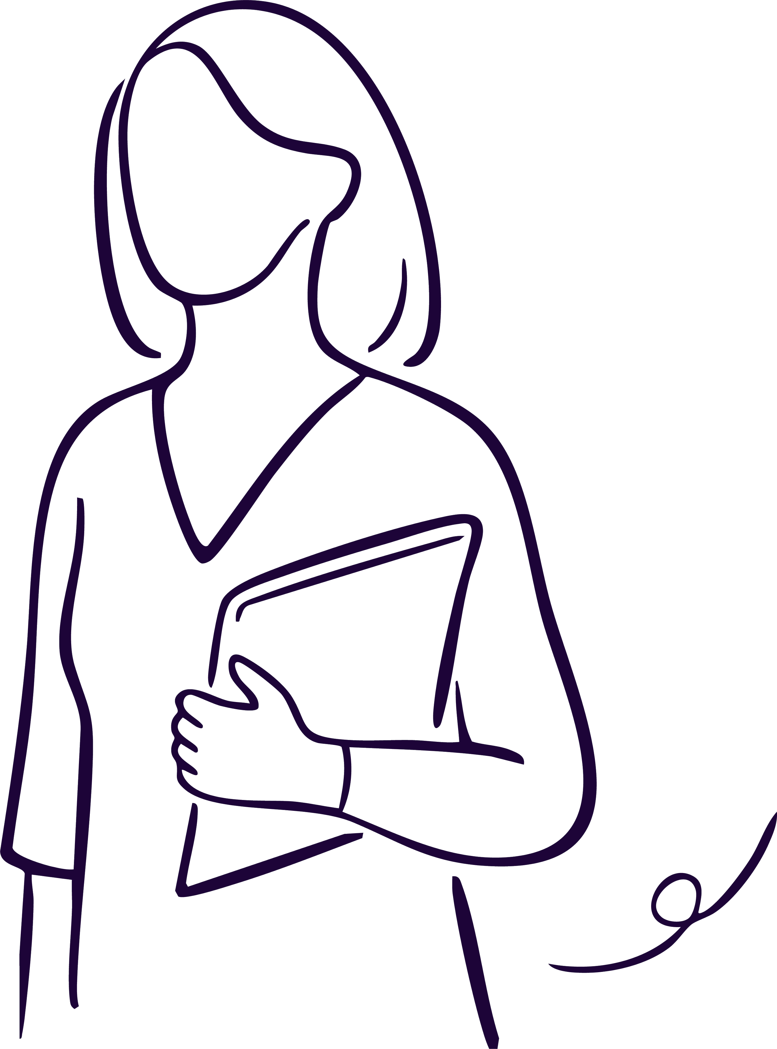 Outline drawing of a woman in business attire holding a laptop and documents, with a stethoscope around her neck, indicating a healthcare professional.