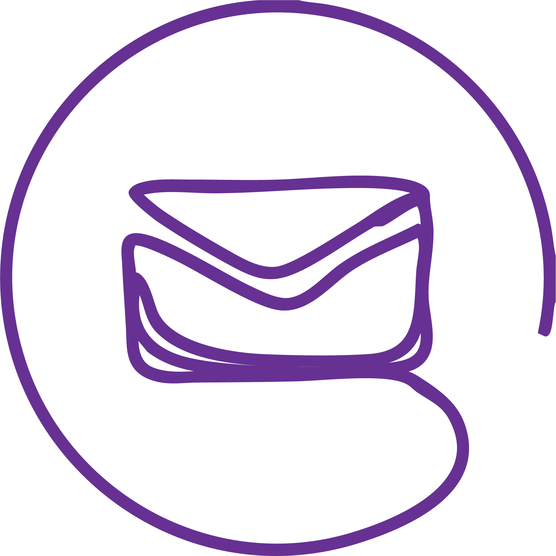 Line art illustration of a person wearing goggles and a head covering, with a prominent circular frame around the head, drawn in purple lines.