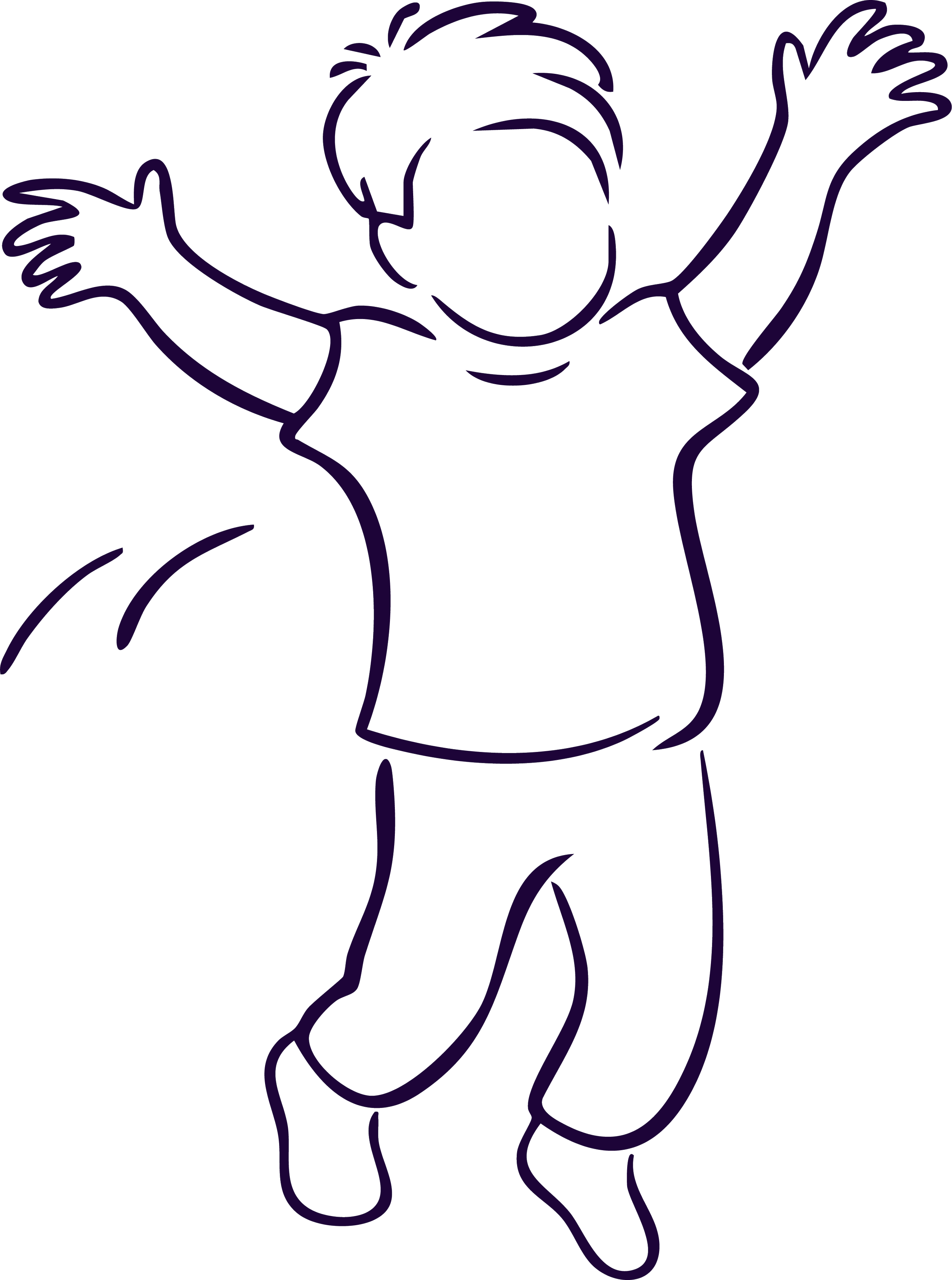 Outline drawing of a joyful child with arms raised and wearing a dress, with short hair and wearing shoes.