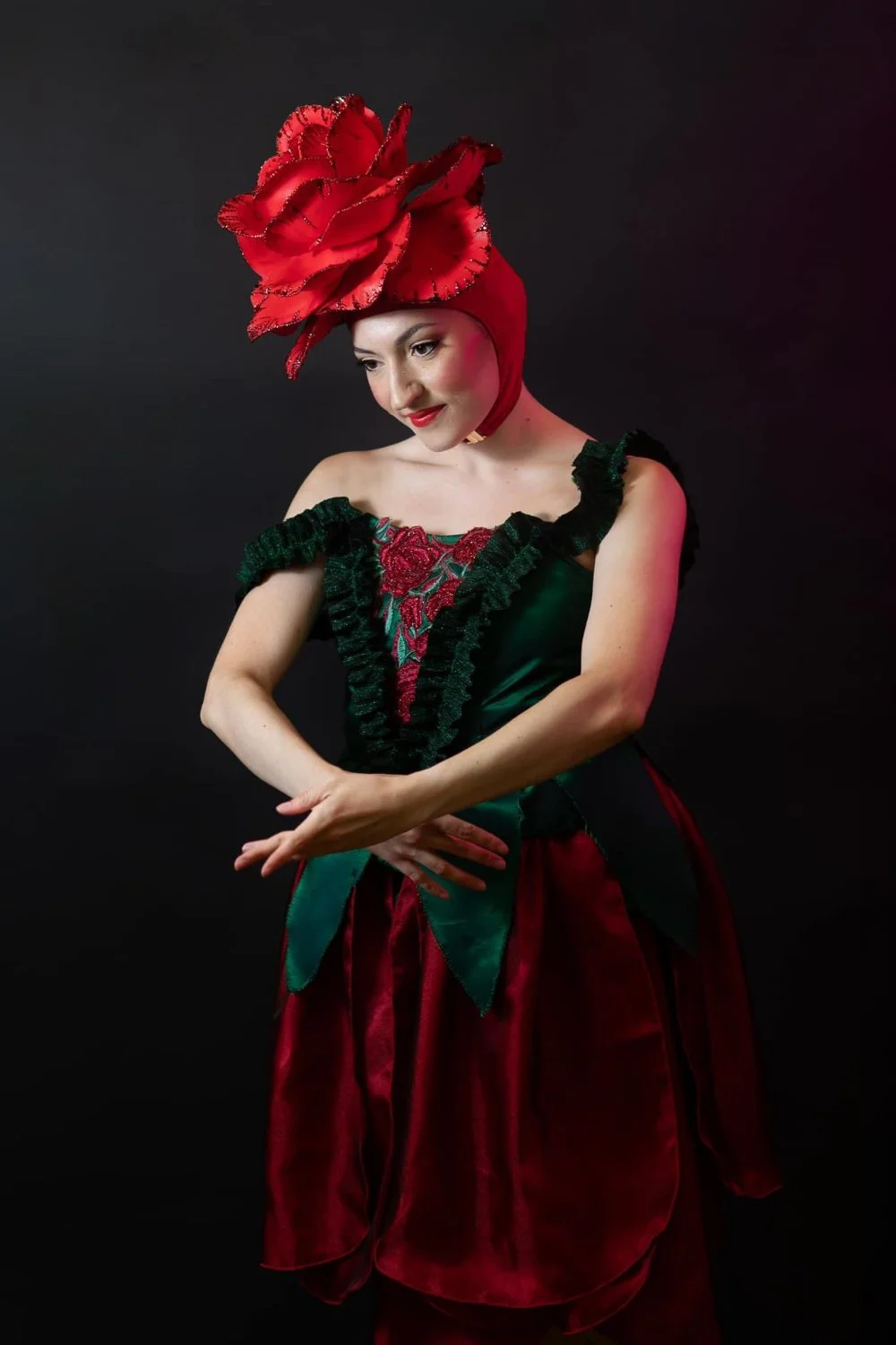 A stylized costume worn by a dancer as the rose from a production of Beauty and the Beast