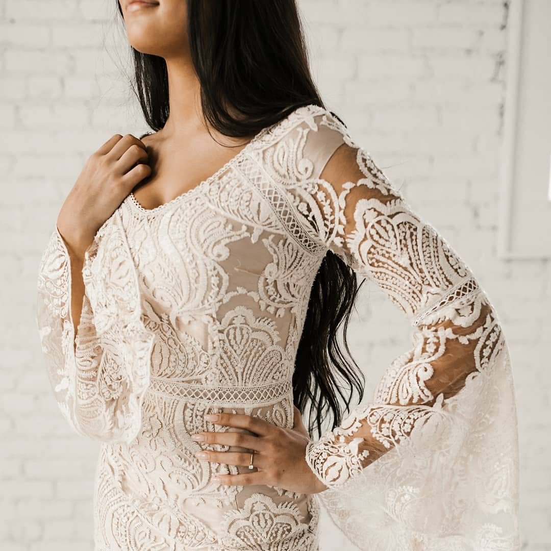 Closeup of a bridal gown, showing detail and texture