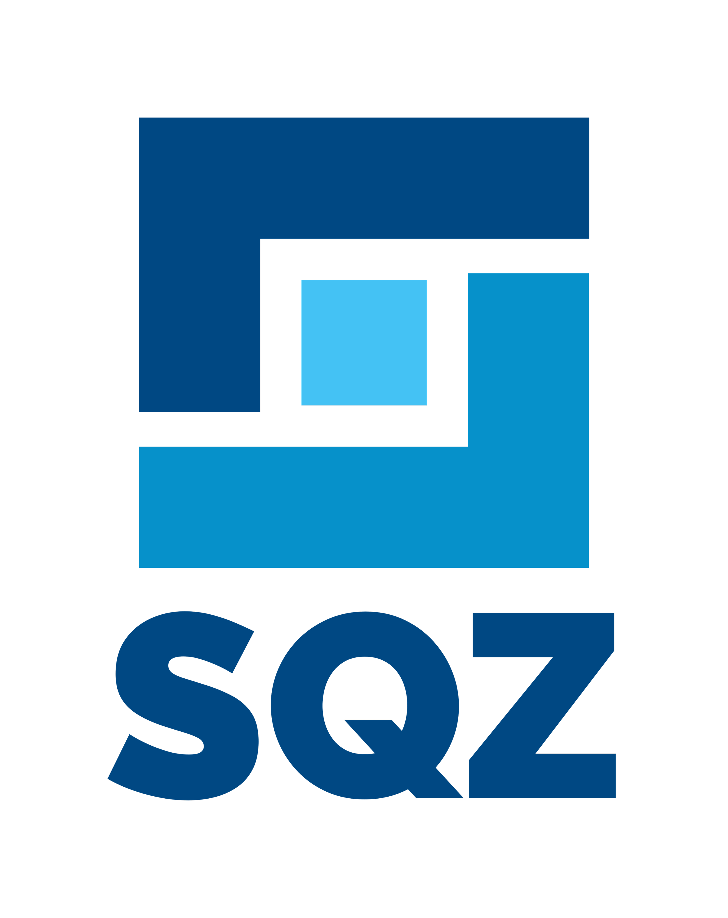 Logo mit einem blauen und schwarzen geometrischen Design und dem Text 'SQZ' darunter.