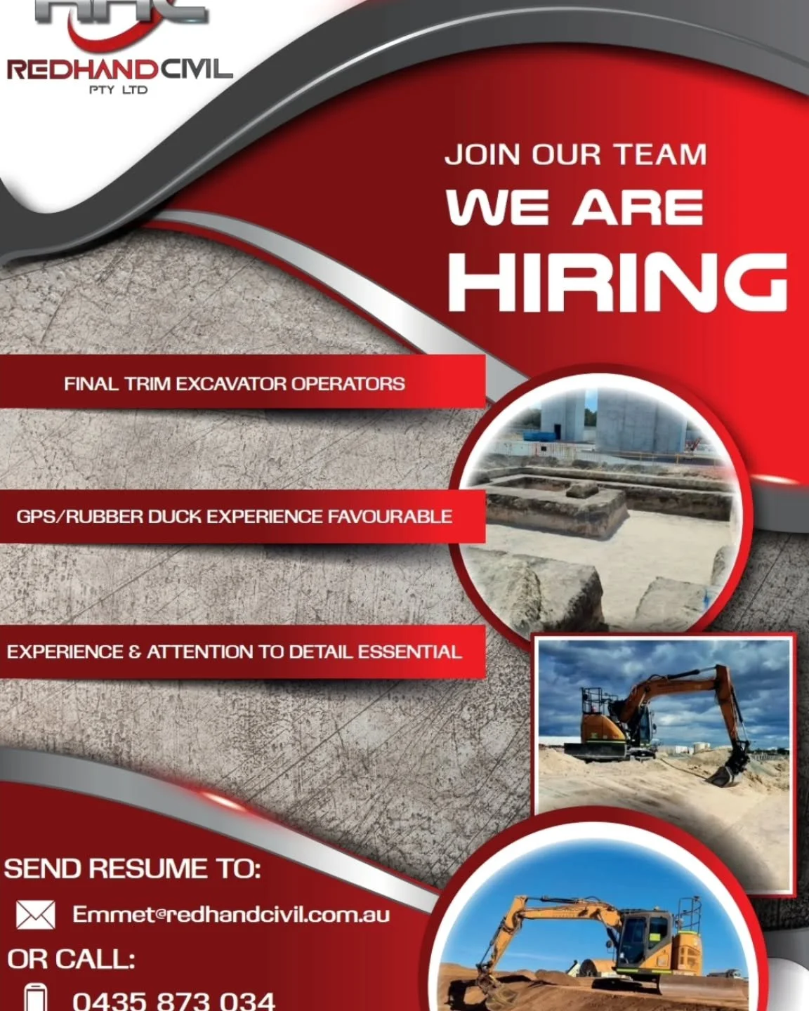 RHC is seeking a final trim excavator operator to join their team for a FIFO position ex Perth, 20/8 roster with provided meals and accommodation.

Requirements:
- Minimum 3 years of experience in detailed/final trim work
- Minimum 3 years of experie