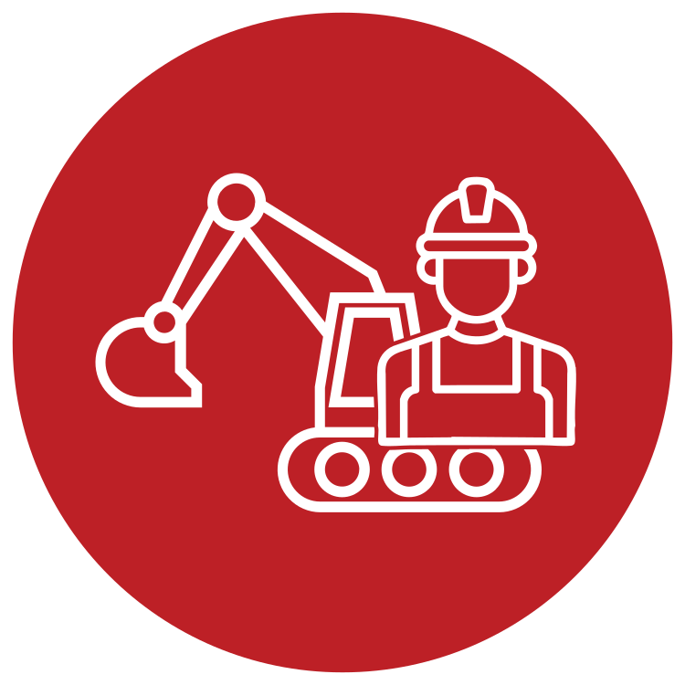 Icon of a construction worker with a helmet, alongside a robotic arm or machinery on tracks, on a red circular background.
