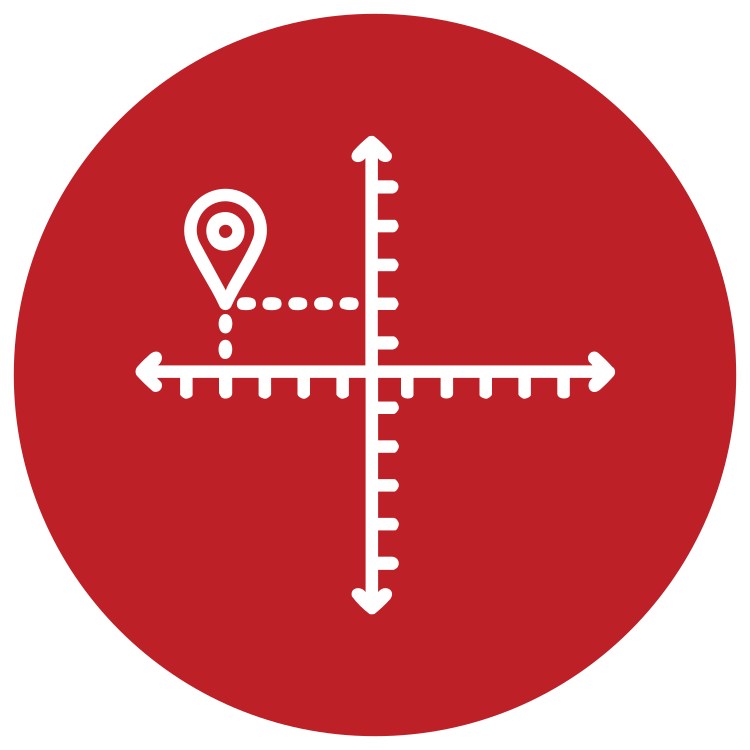 A red circular icon with a white location pin above a dotted line pointing to a coordinate at (-2, 3) on a grid with a vertical and horizontal axis.